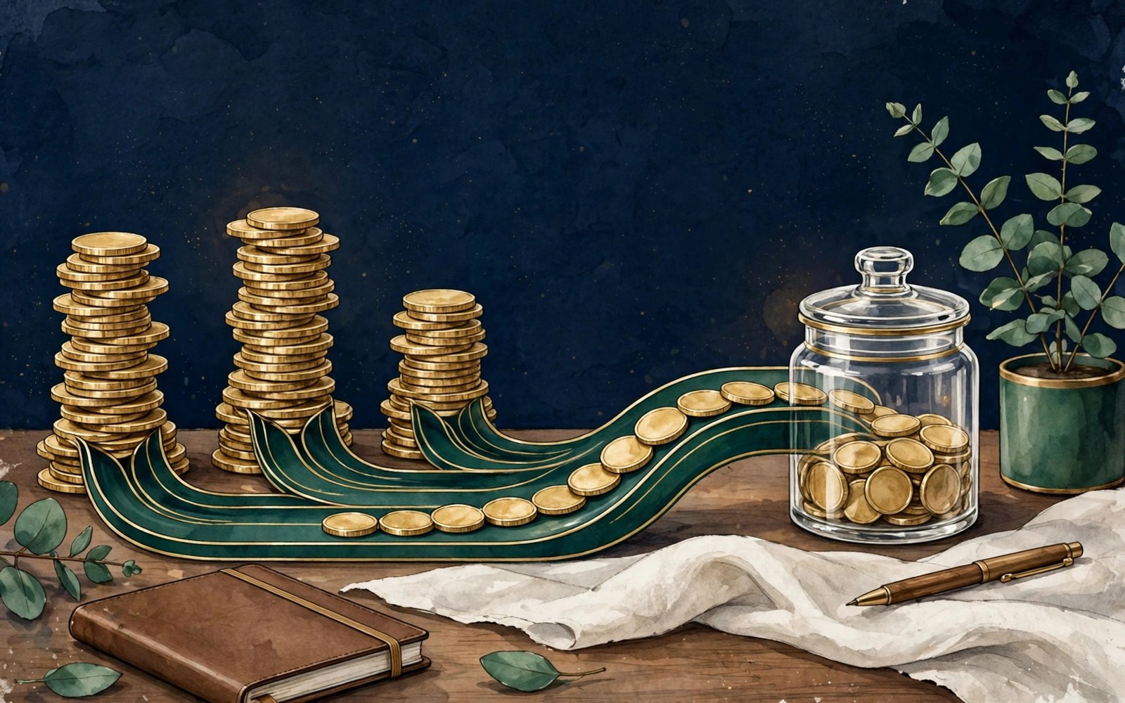 Uneven coin stacks flowing into one steady salary stream beside a buffer jar, on deep navy
