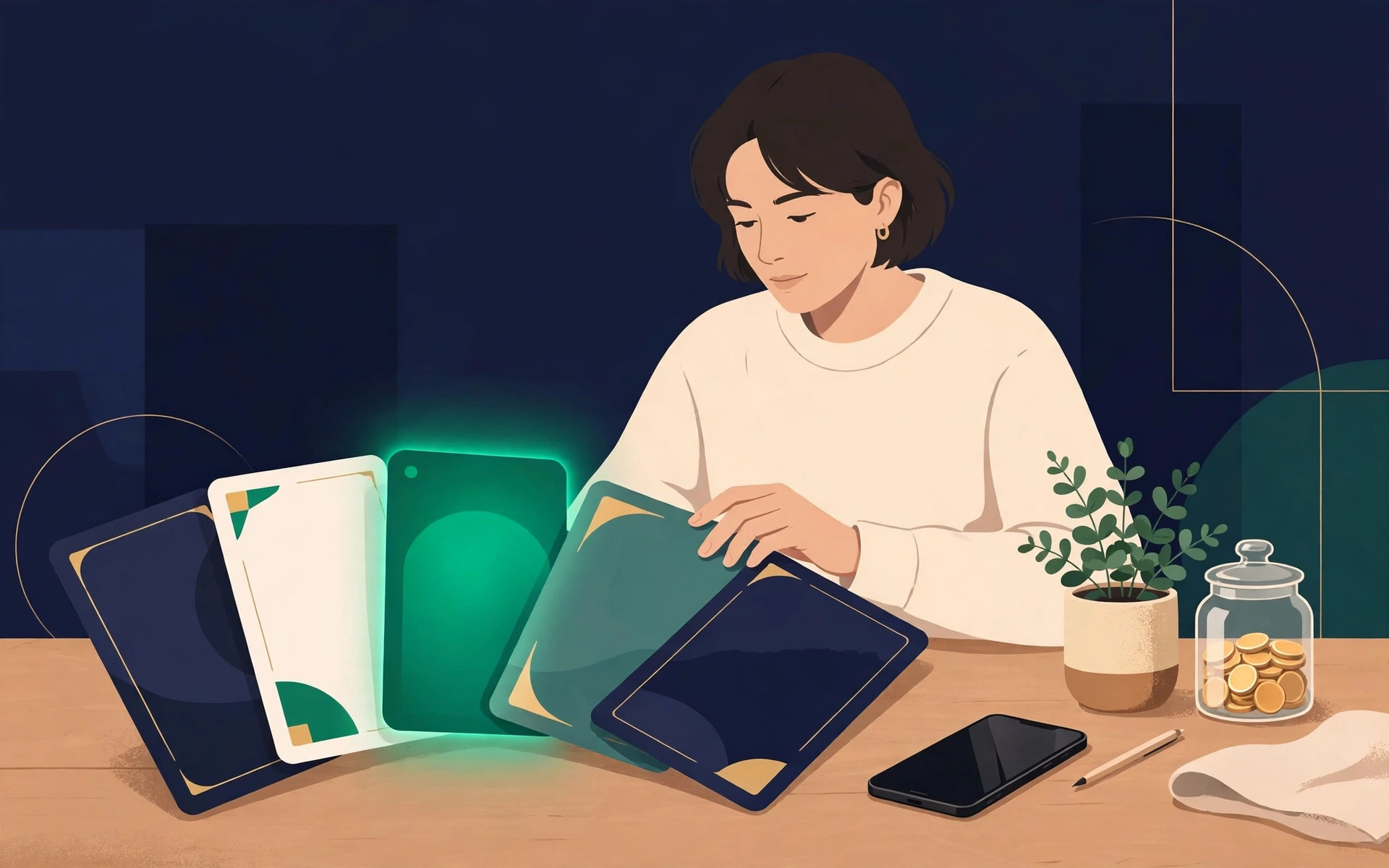 Person choosing between budgeting app cards on a phone, emerald and navy illustration