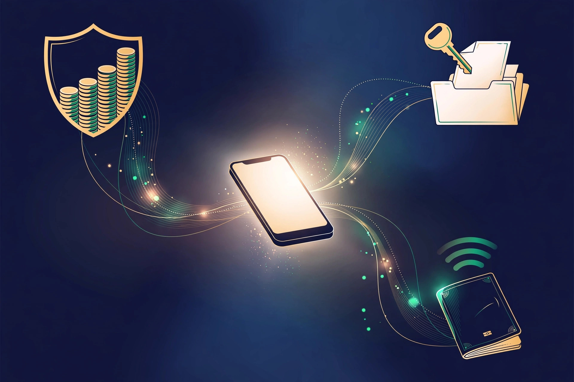 Illustration of a smartphone connecting to a coin-stack shield, a credit file with key, and a passport with wireless signal