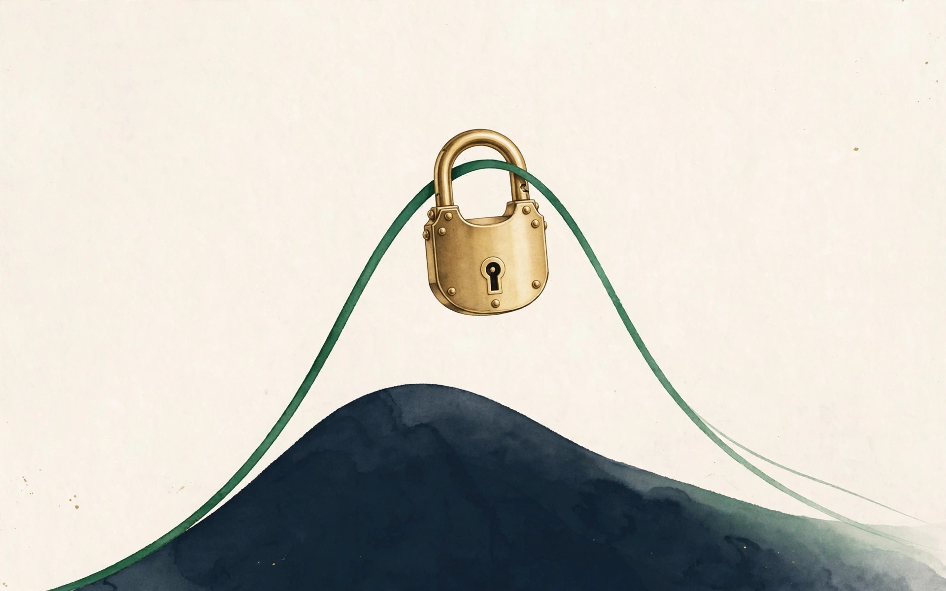 Brass padlock locking a rising green savings-rate curve at its peak