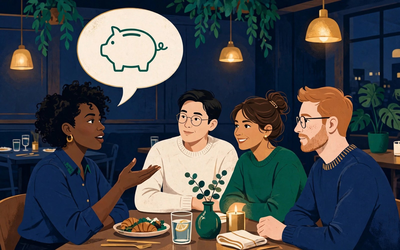 Editorial illustration of friends at a restaurant table with a speech bubble holding a piggy bank