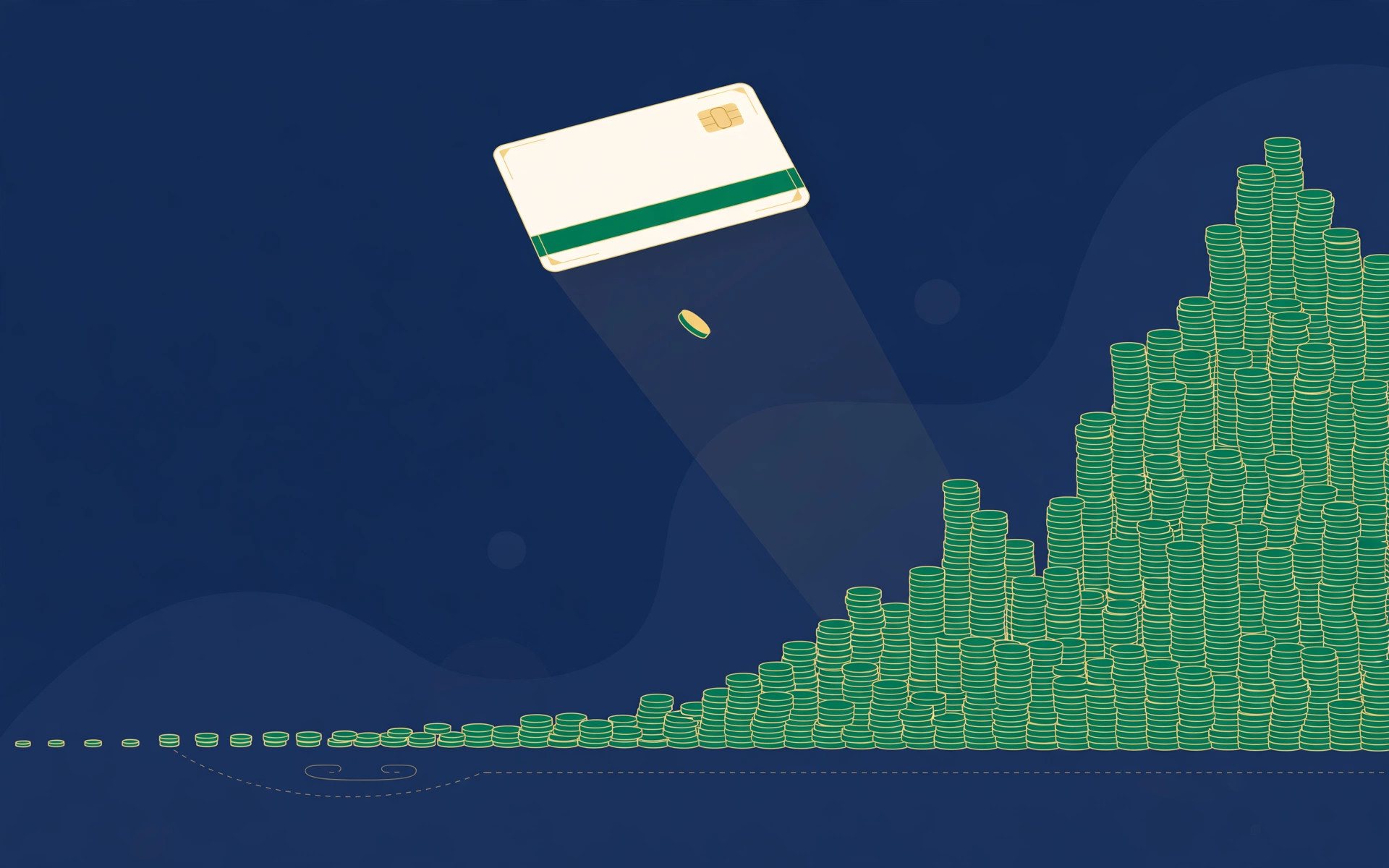 Editorial illustration of a credit card with a tiny coin payment facing a towering mountain of debt