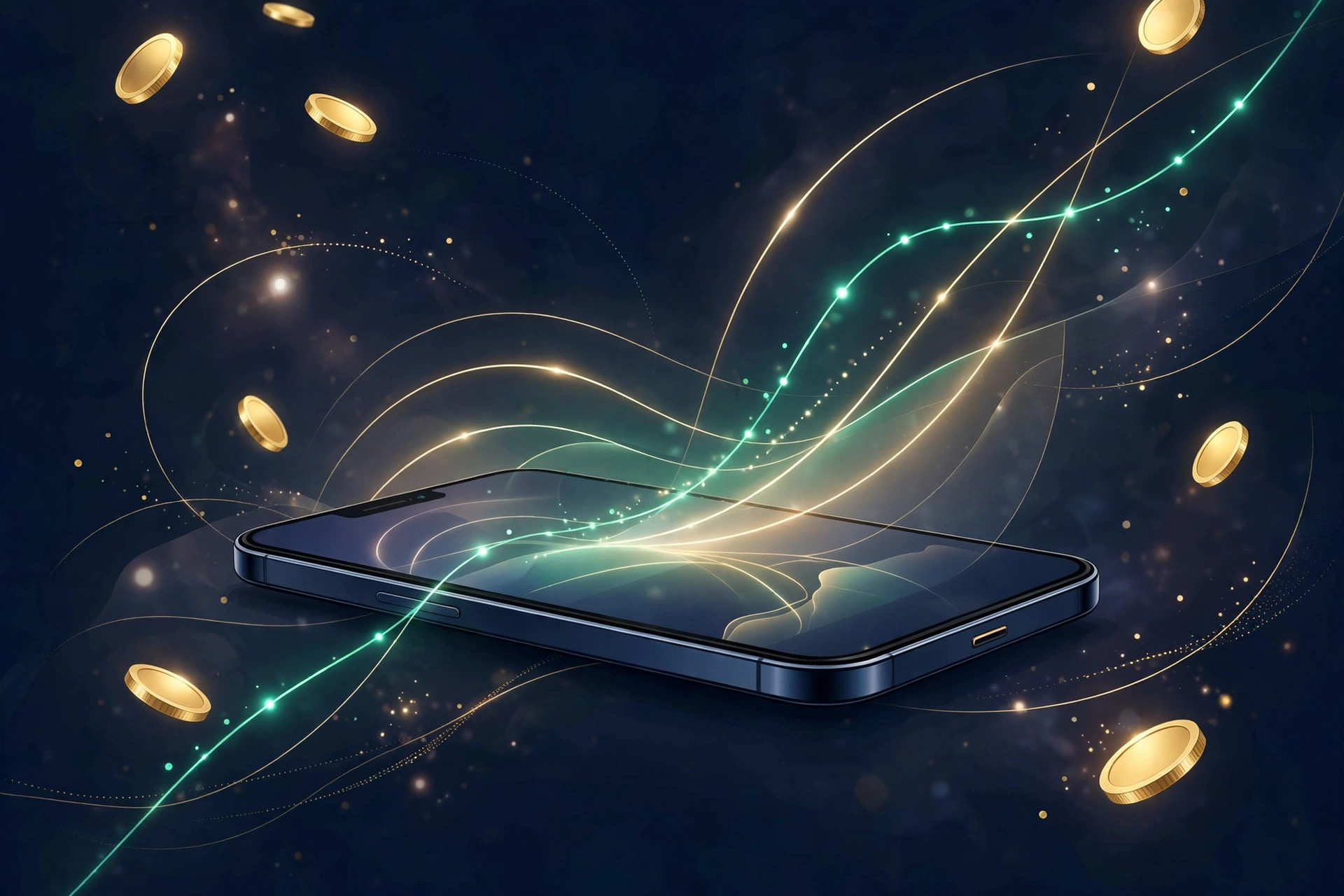 Smartphone with abstract finance dashboard, rising growth arc and gold coins on deep navy