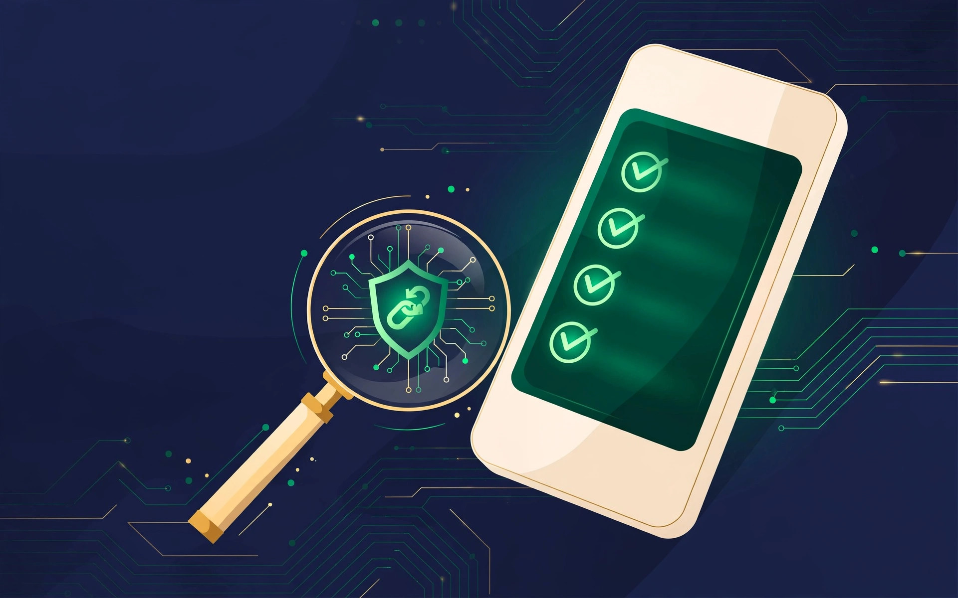 Illustration of a smartphone with a glowing checklist under a magnifying glass over a bank-connection shield icon