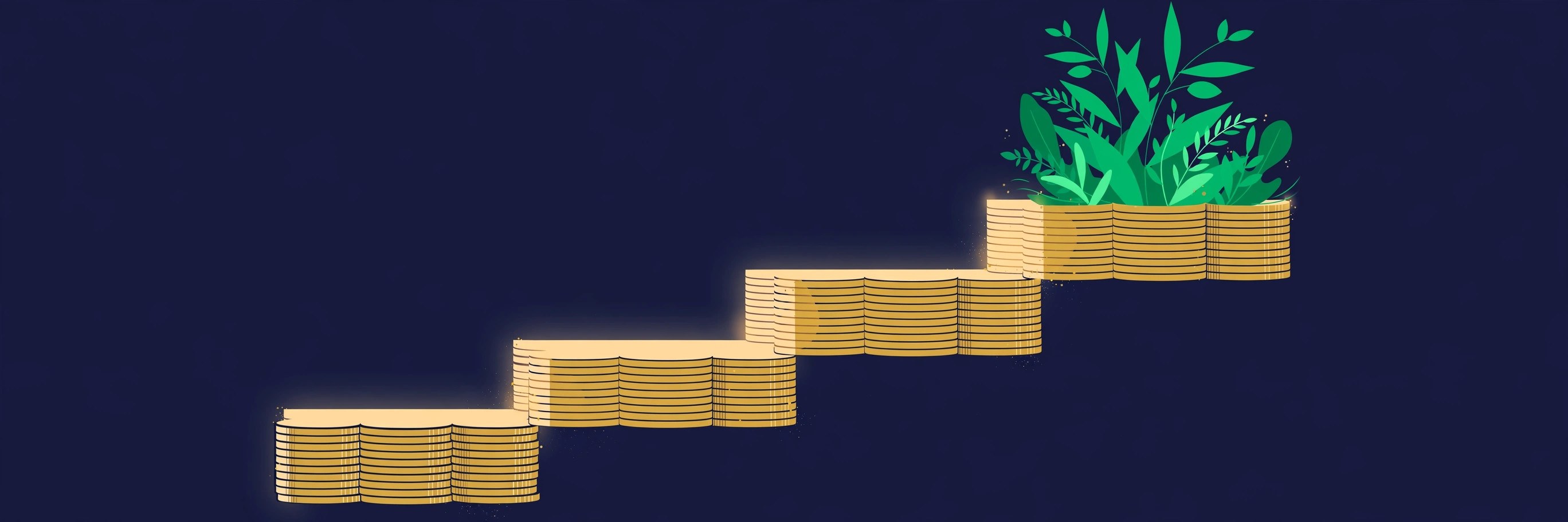 Golden coin stacks forming ascending steps toward a thriving green plant on deep navy