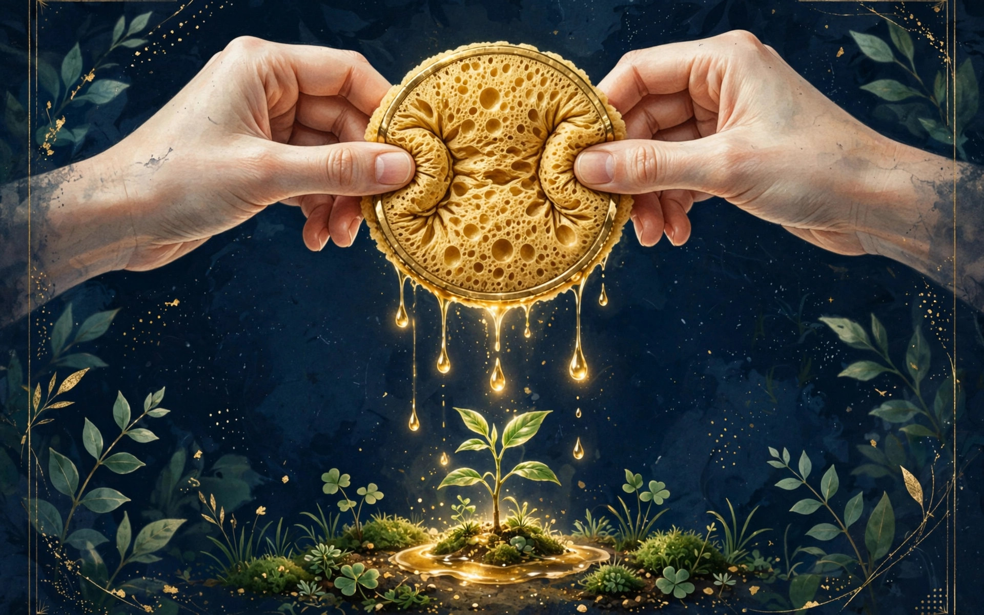 Hands squeezing a golden coin like a sponge, golden drops of value dripping into a sprouting plant