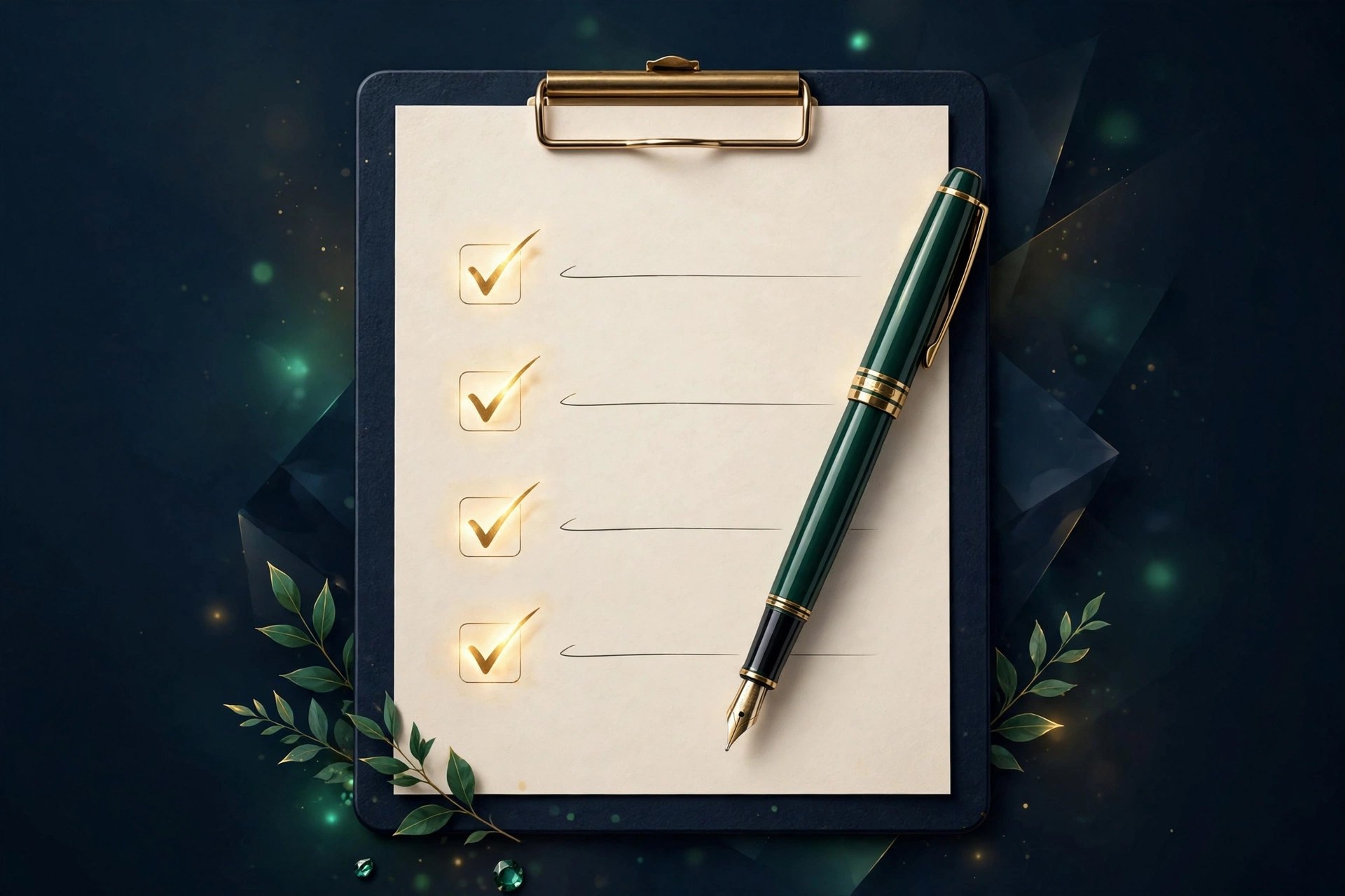 Navy clipboard with gold checkmarks on a checklist