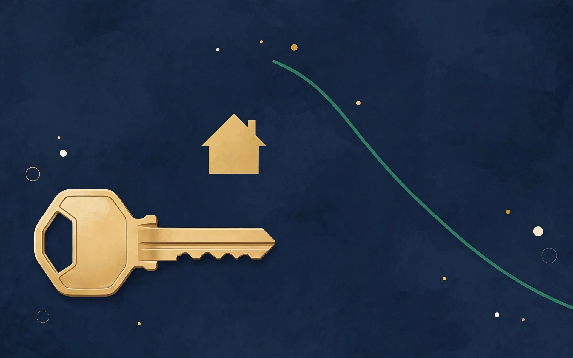 House key beside a golden house silhouette and a falling emerald rate chart on deep navy