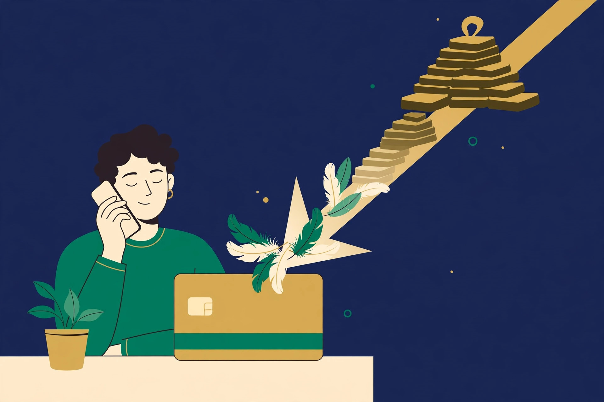 Illustration of a person negotiating a lower credit card interest rate by phone, with a falling rate arrow