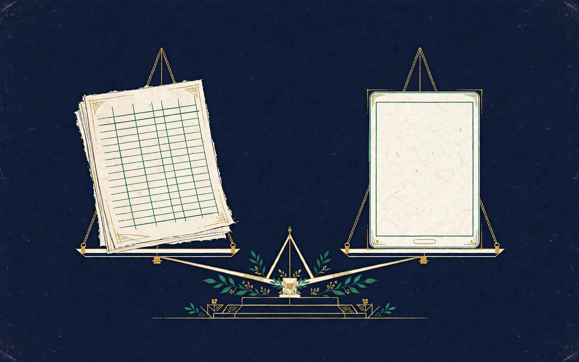 Illustration of a balance scale weighing a hand-drawn ledger sheet against a tablet, on deep navy