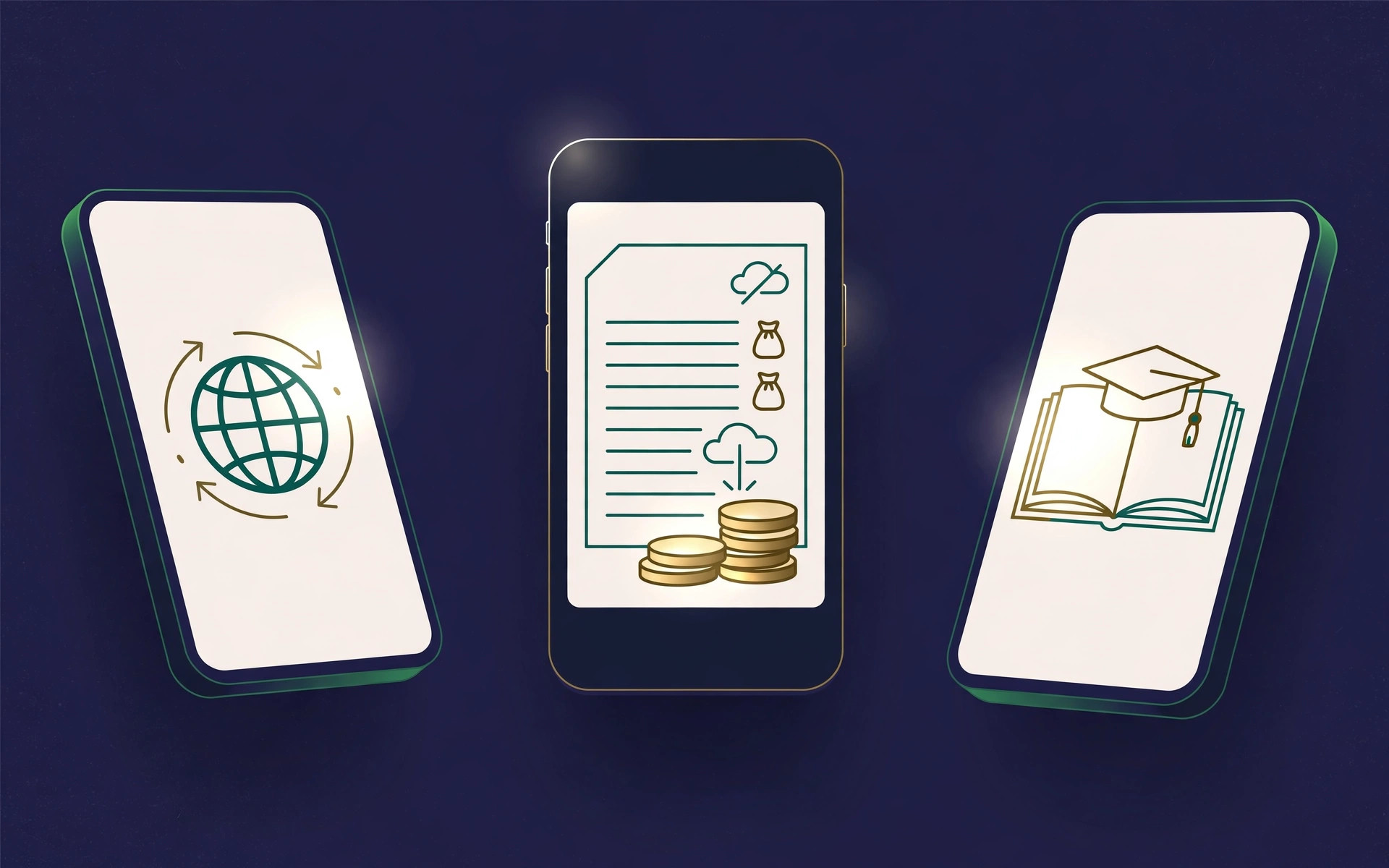 Three smartphone screens showing global transfers, an offline expense ledger, and a money lesson book