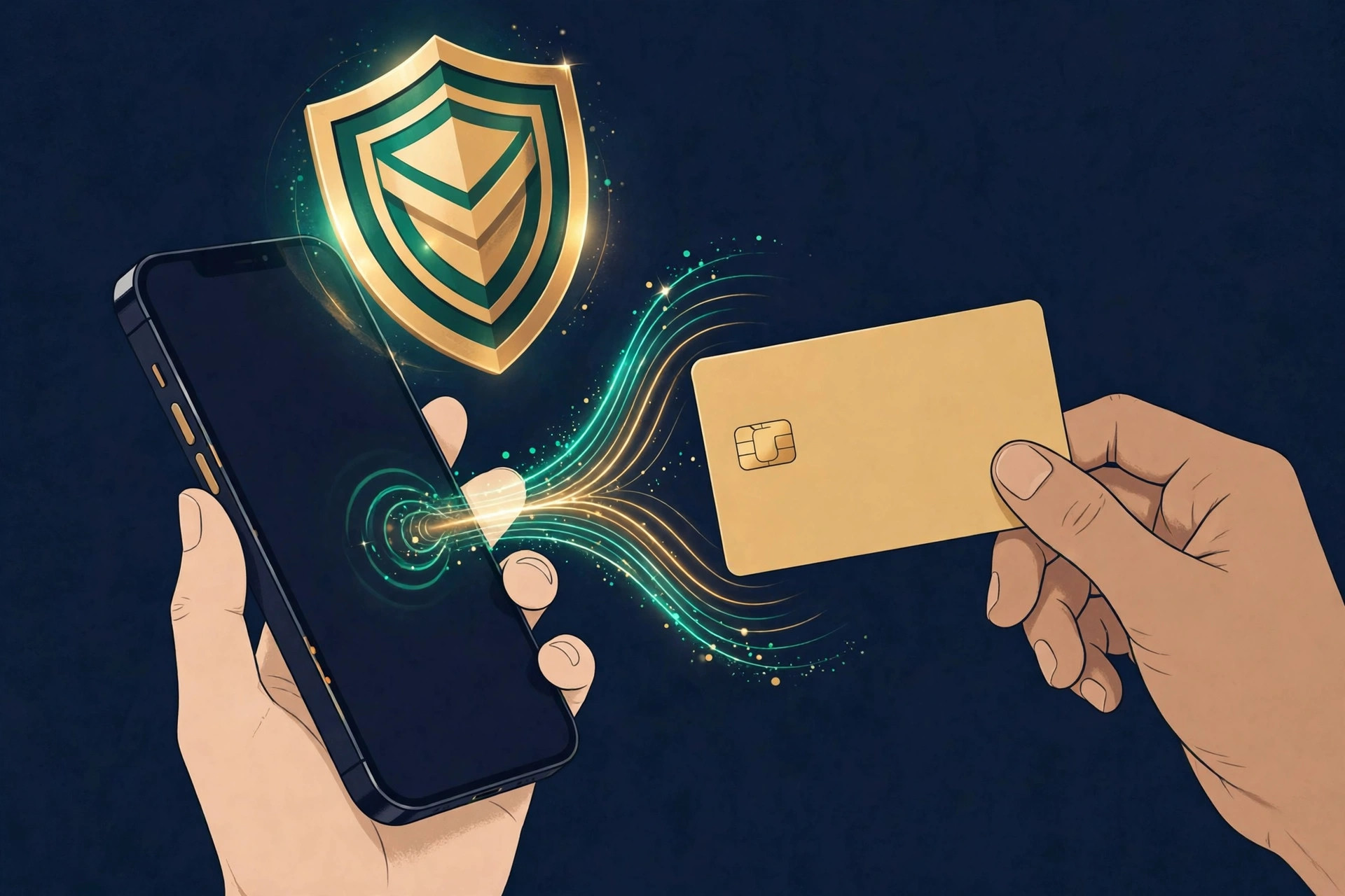 Smartphone and blank bank card held close together with a protective shield between them