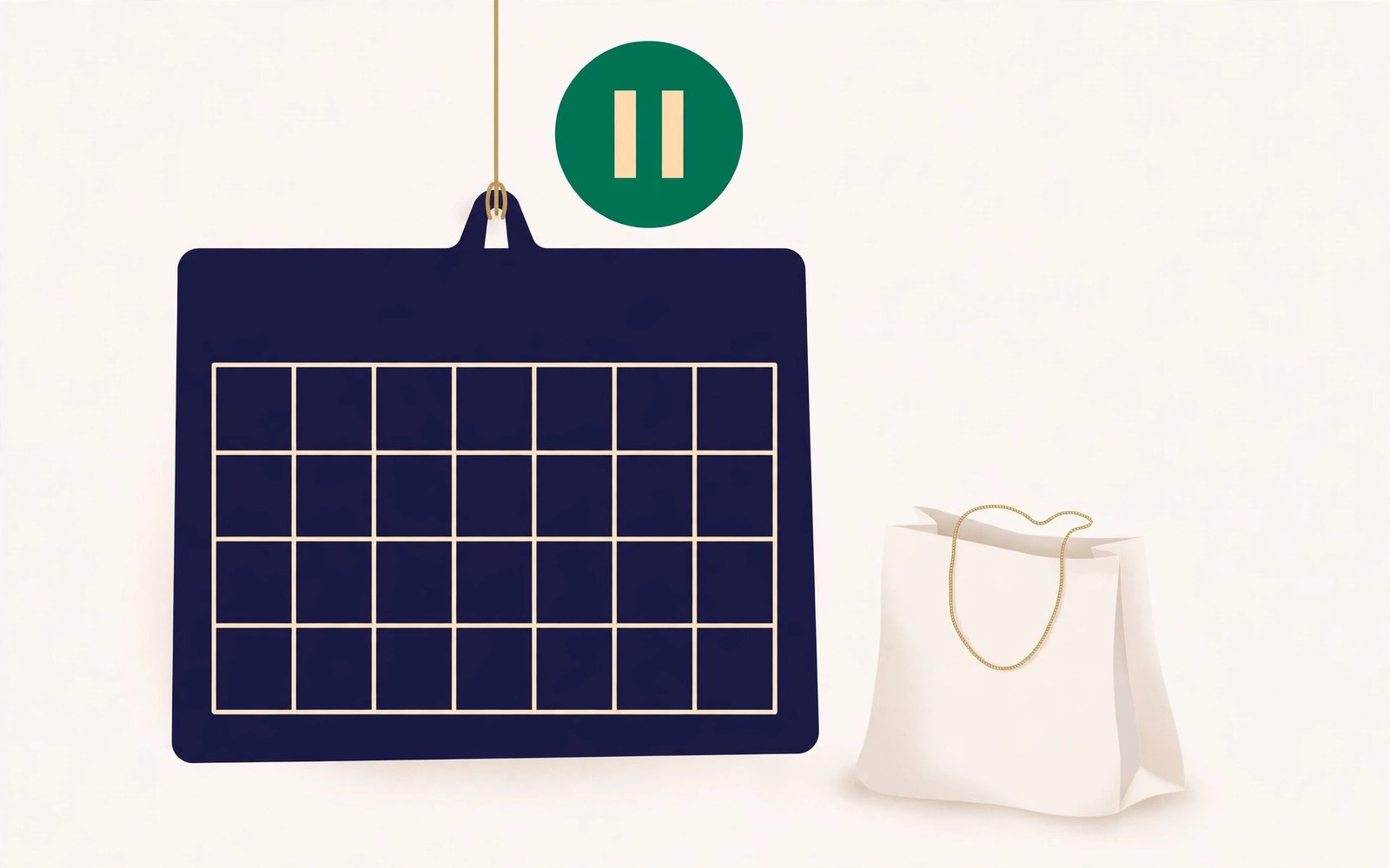 Illustration of a November calendar with a green pause button and a shopping bag