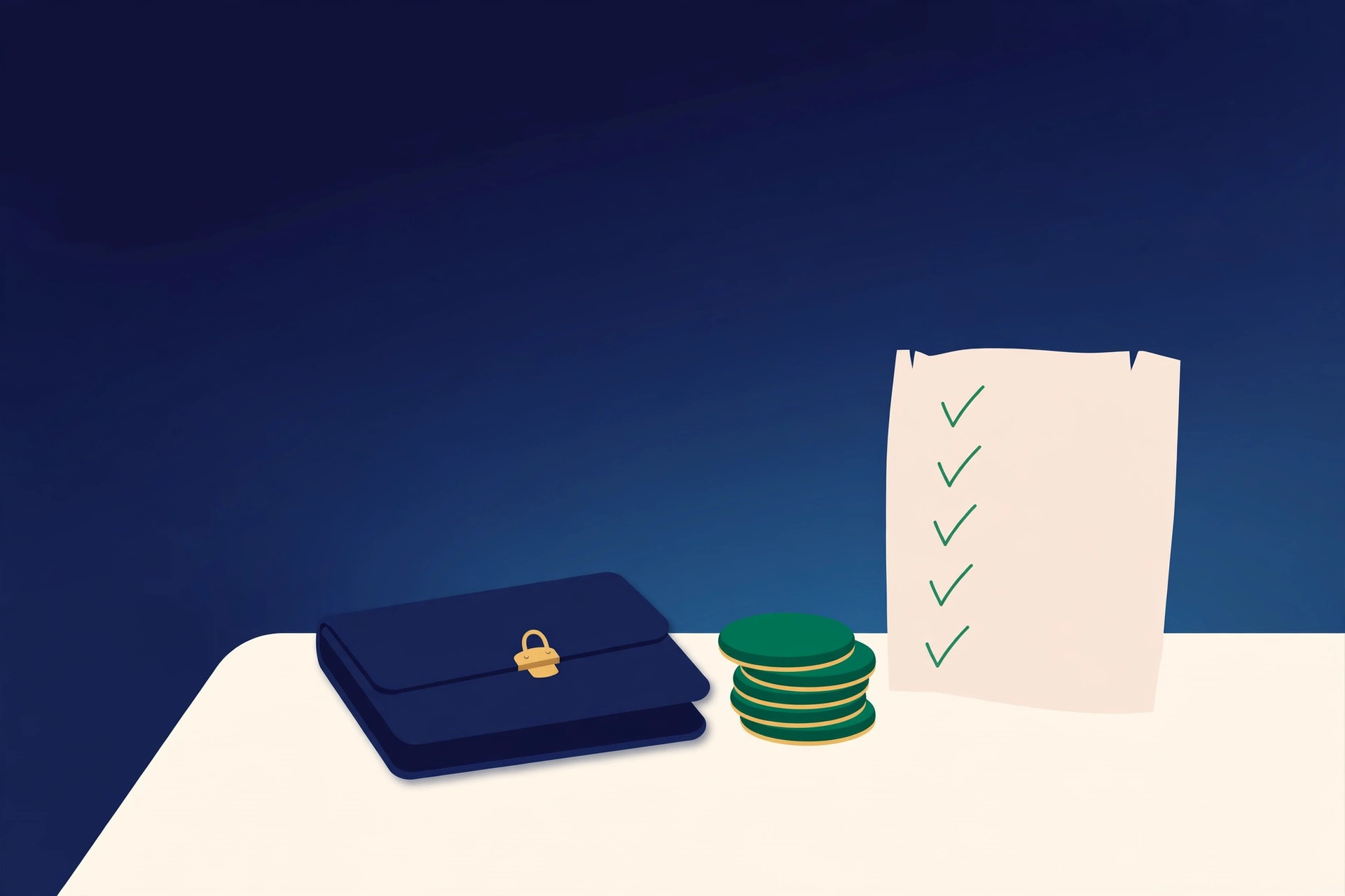 Illustration of a sealed navy wallet, emerald coins, and a no-spend checklist card