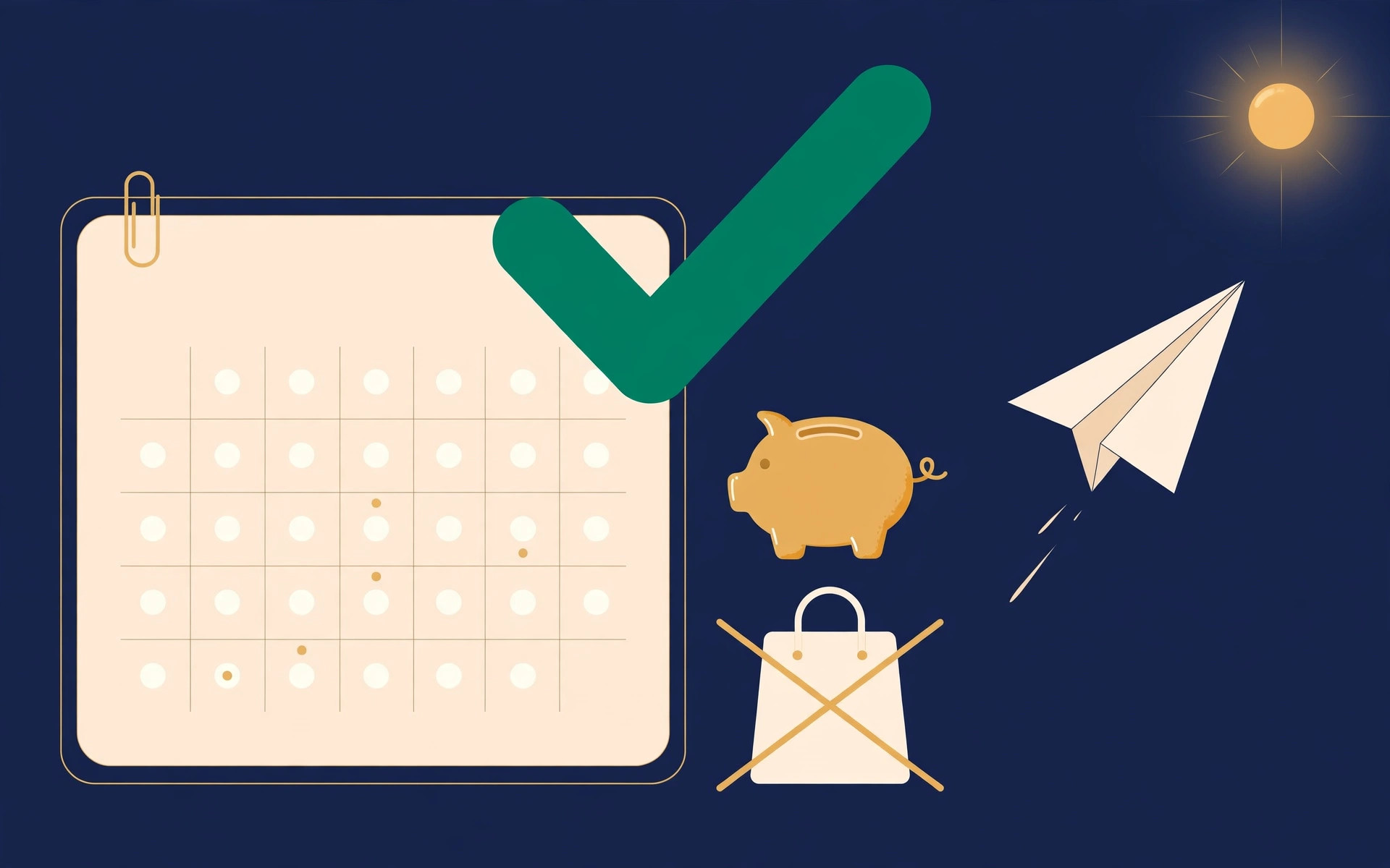 November calendar with a checkmark, piggy bank and paper plane heading toward a summer sun