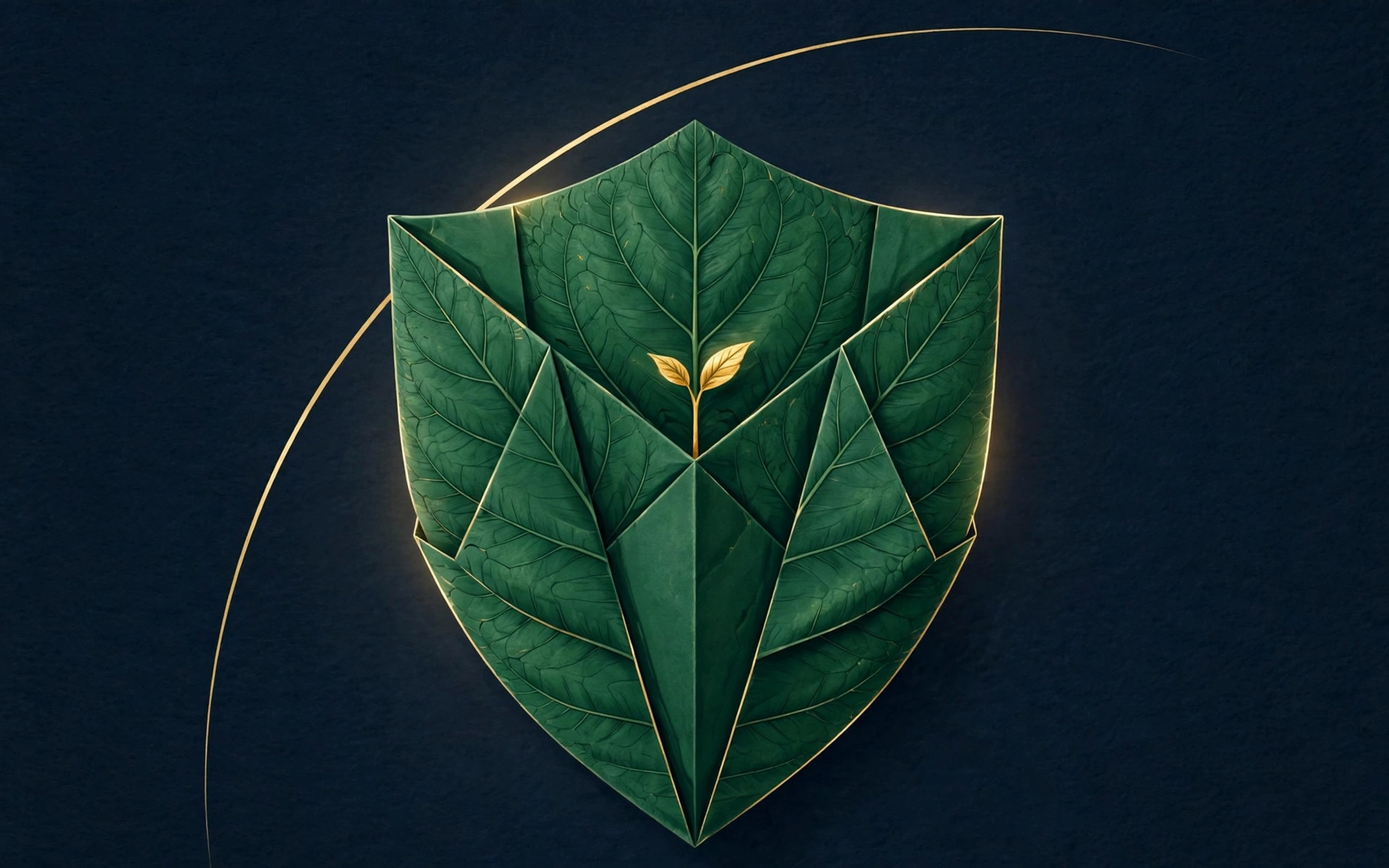 Origami green leaf folding into a shield around a golden seedling, with a gold savings-growth arc on deep navy