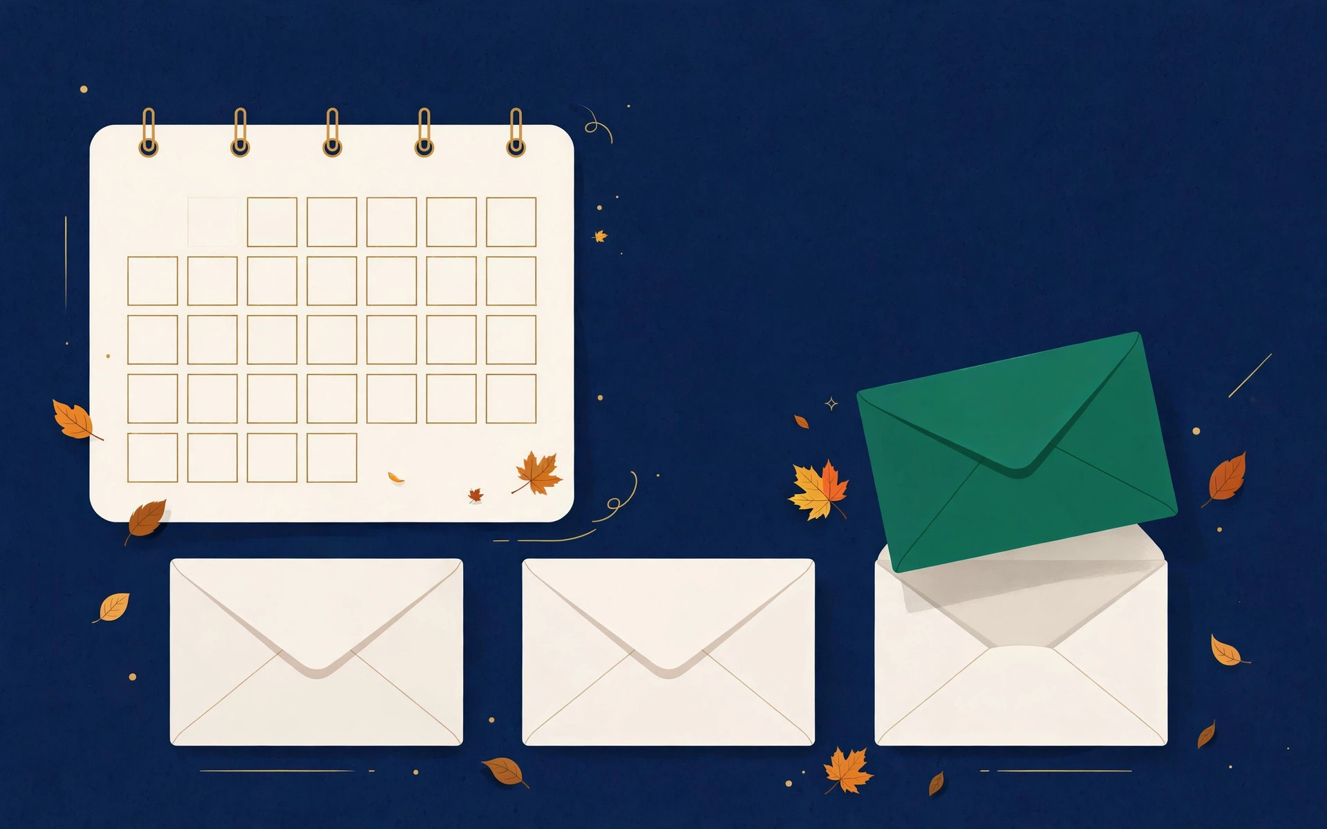 Illustration of a calendar and three paycheck envelopes, the third highlighted in green, with autumn leaves
