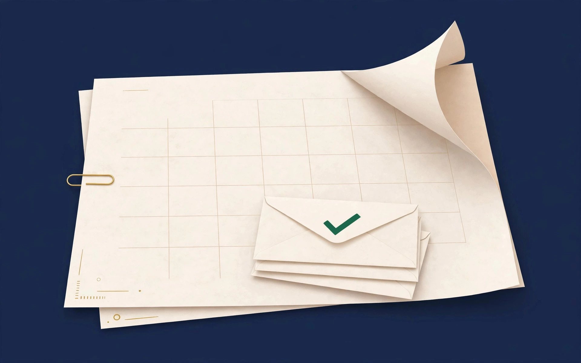Illustration of a calendar page turning to the next month with a stack of bill envelopes marked with a green checkmark