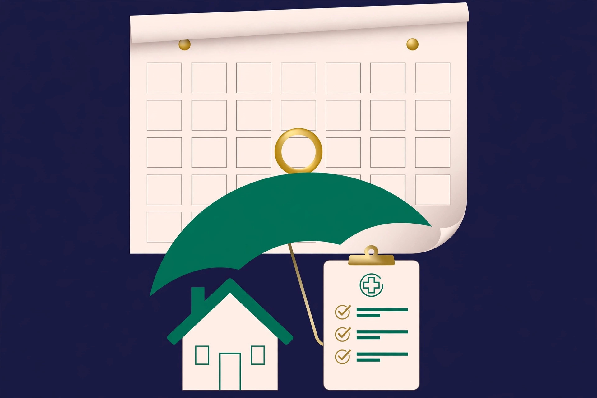 Calendar page with a circled date under a protective umbrella over a home and health checklist