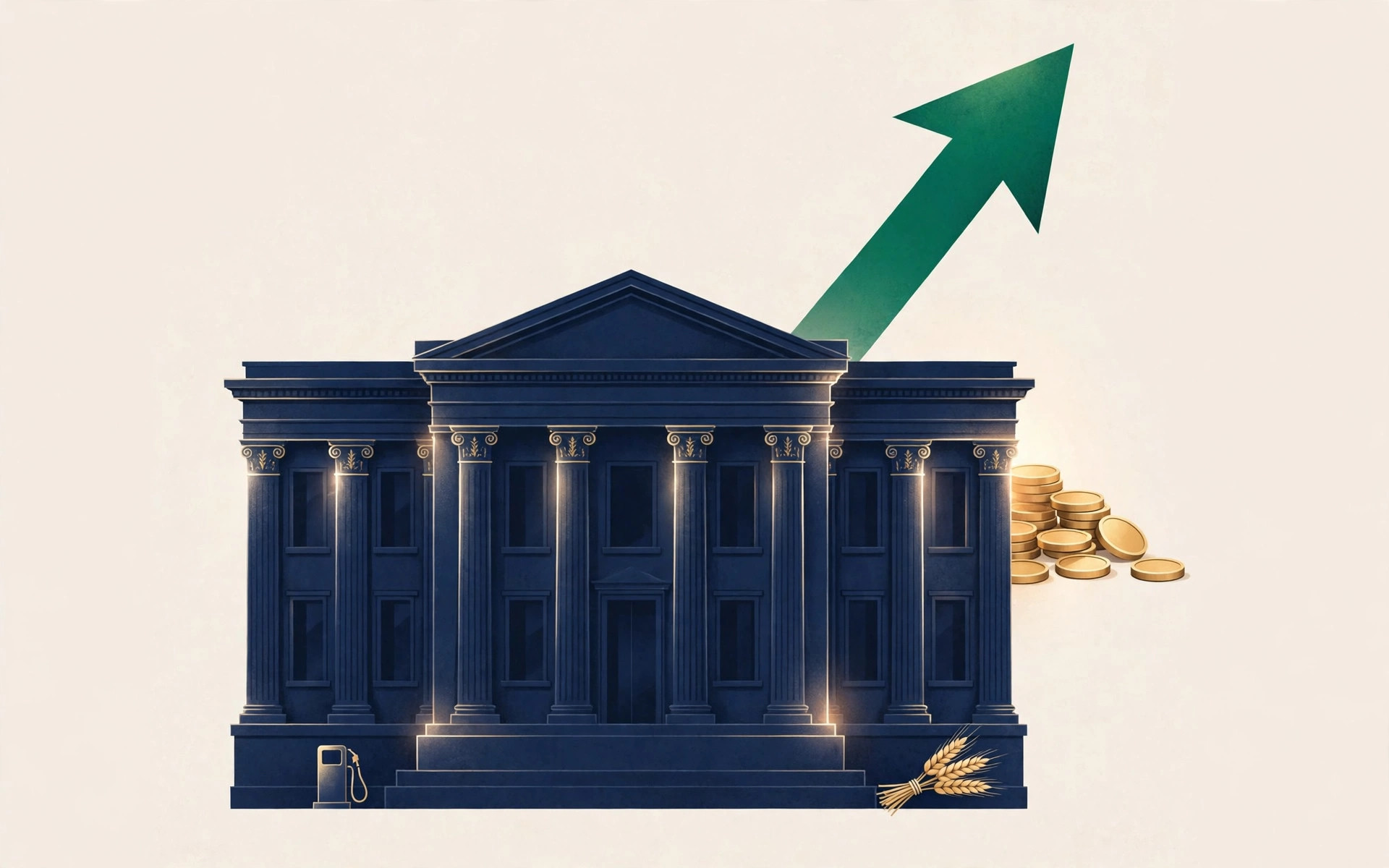 Central bank building with a rising interest-rate arrow, coins, fuel pump and wheat sheaf