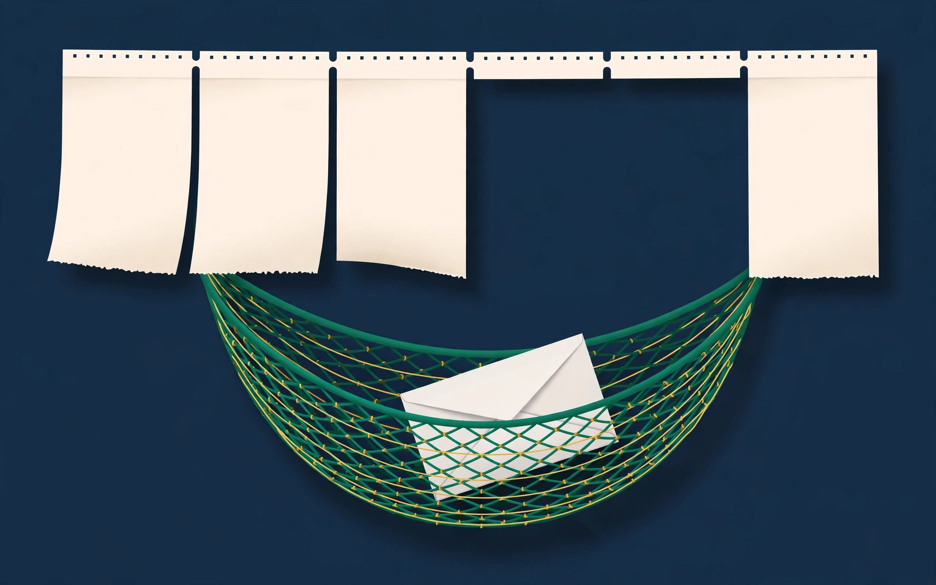 Editorial illustration of pay slips with a missing week caught by an emerald safety net holding a paycheck envelope