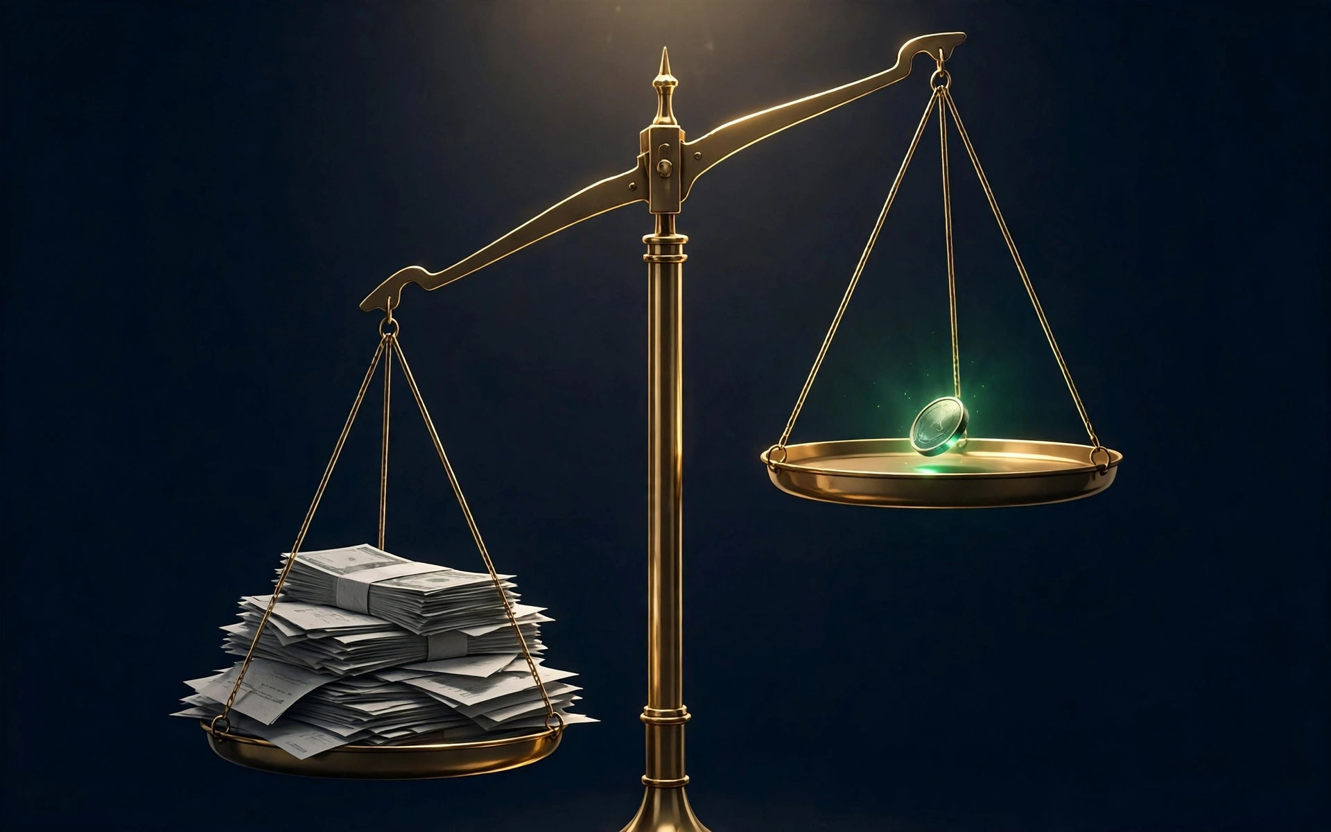 Illustration of a brass balance scale tipping under a pile of bills against a single glowing emerald coin.