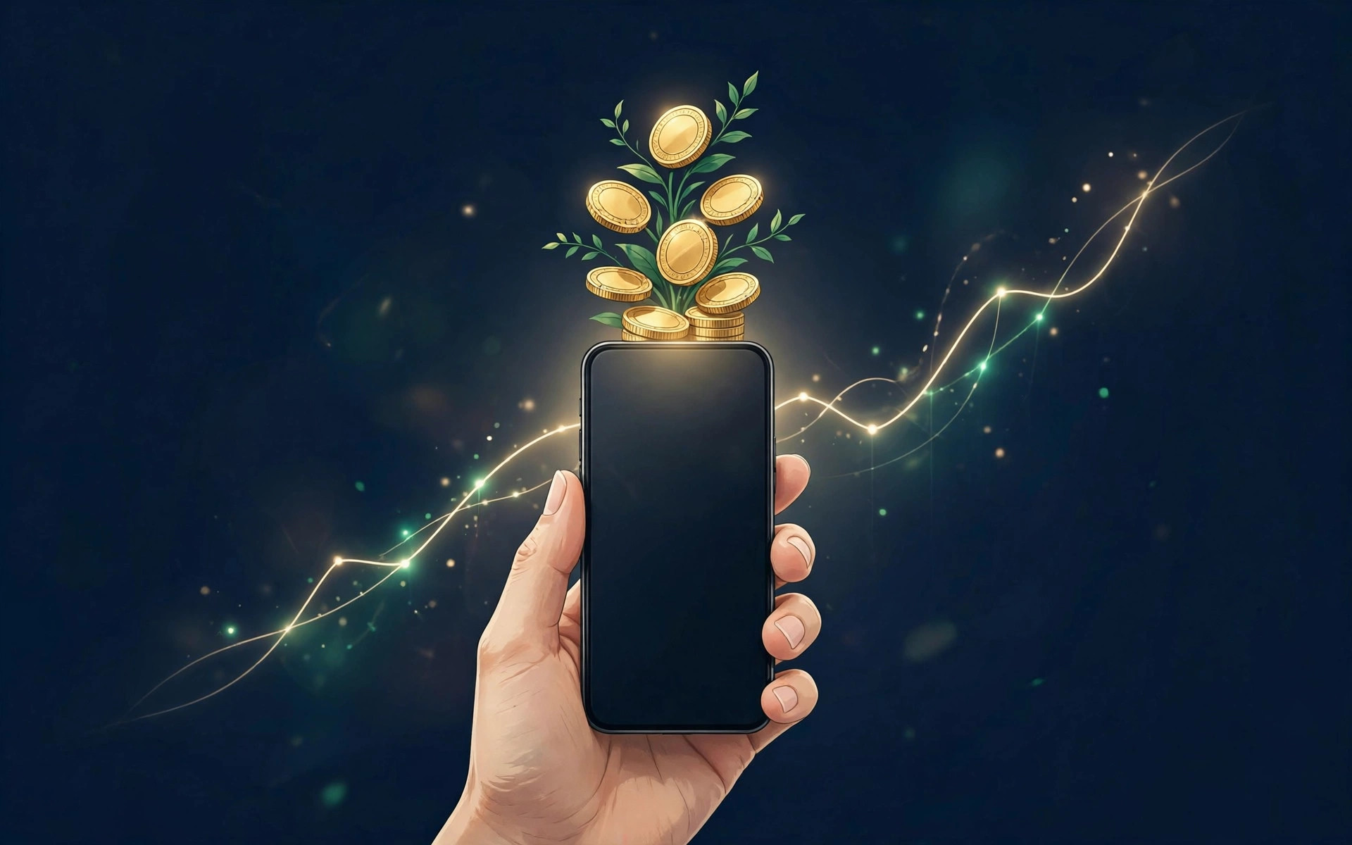 Hand holding a smartphone with golden coins growing from it like a plant, an ascending light trail behind, on deep navy