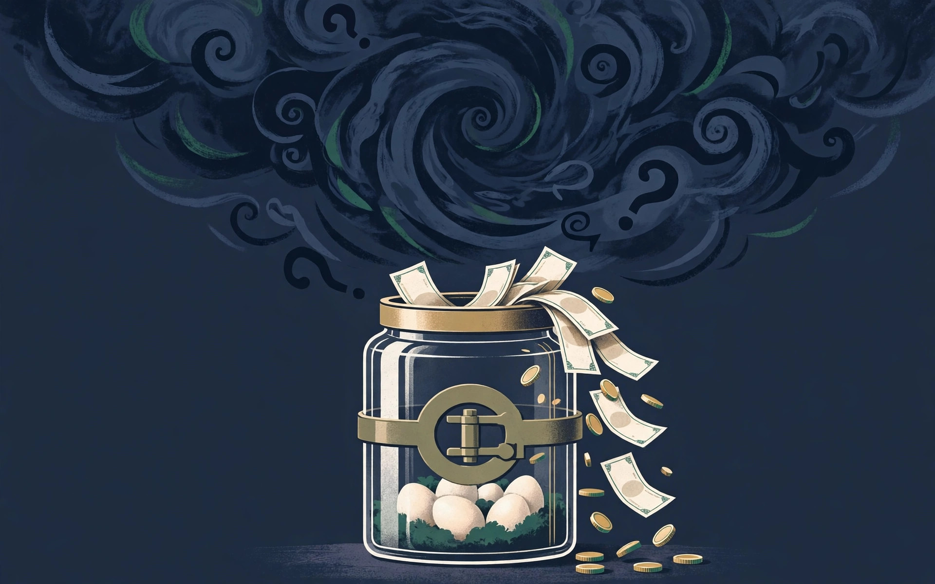 Editorial illustration of cash slipping from a pension nest-egg jar beneath a storm cloud of Budget rumours