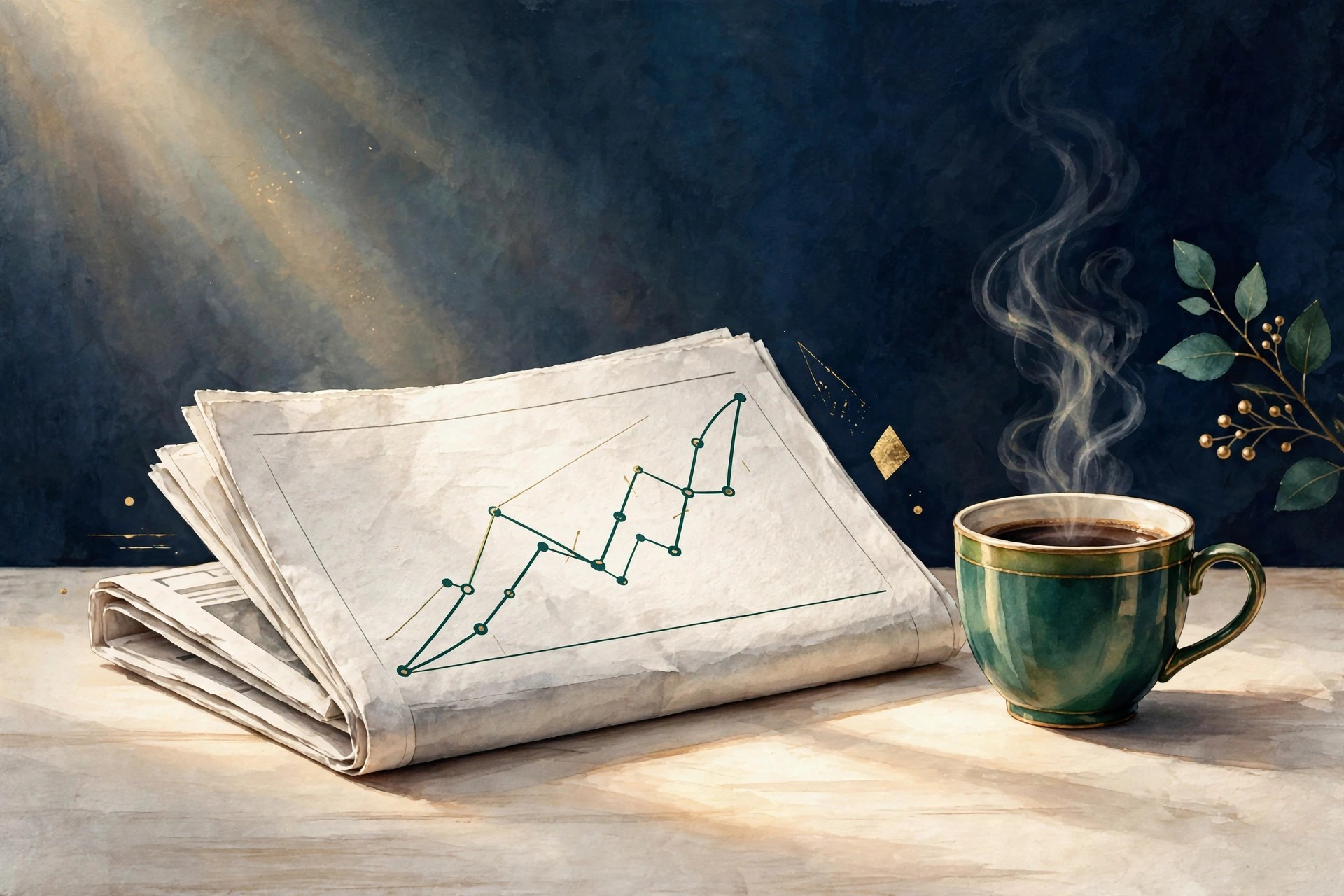 Newspaper with rising chart beside a cup of coffee