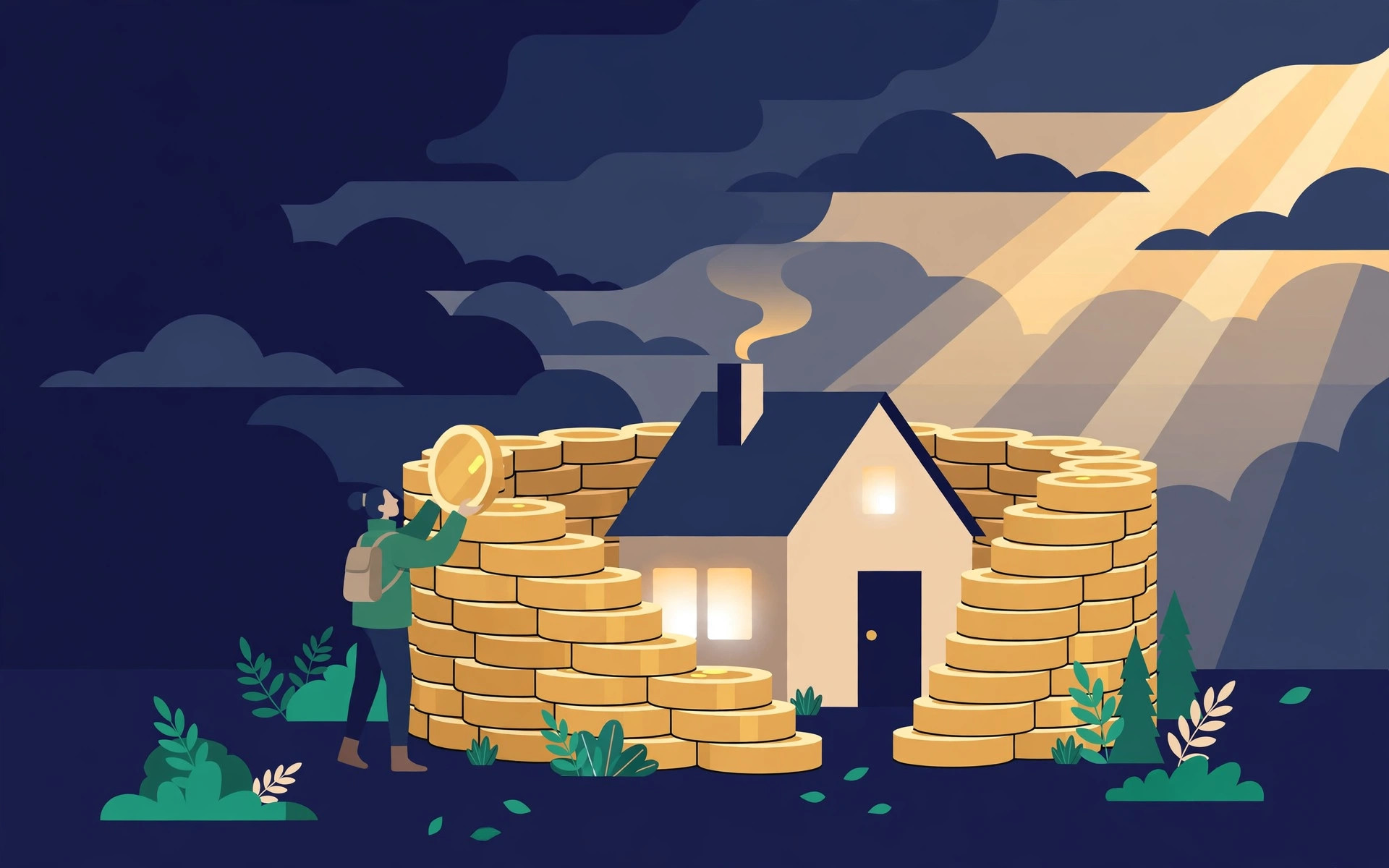 Illustration of a person stacking gold coins into a protective wall around a house as storm clouds clear