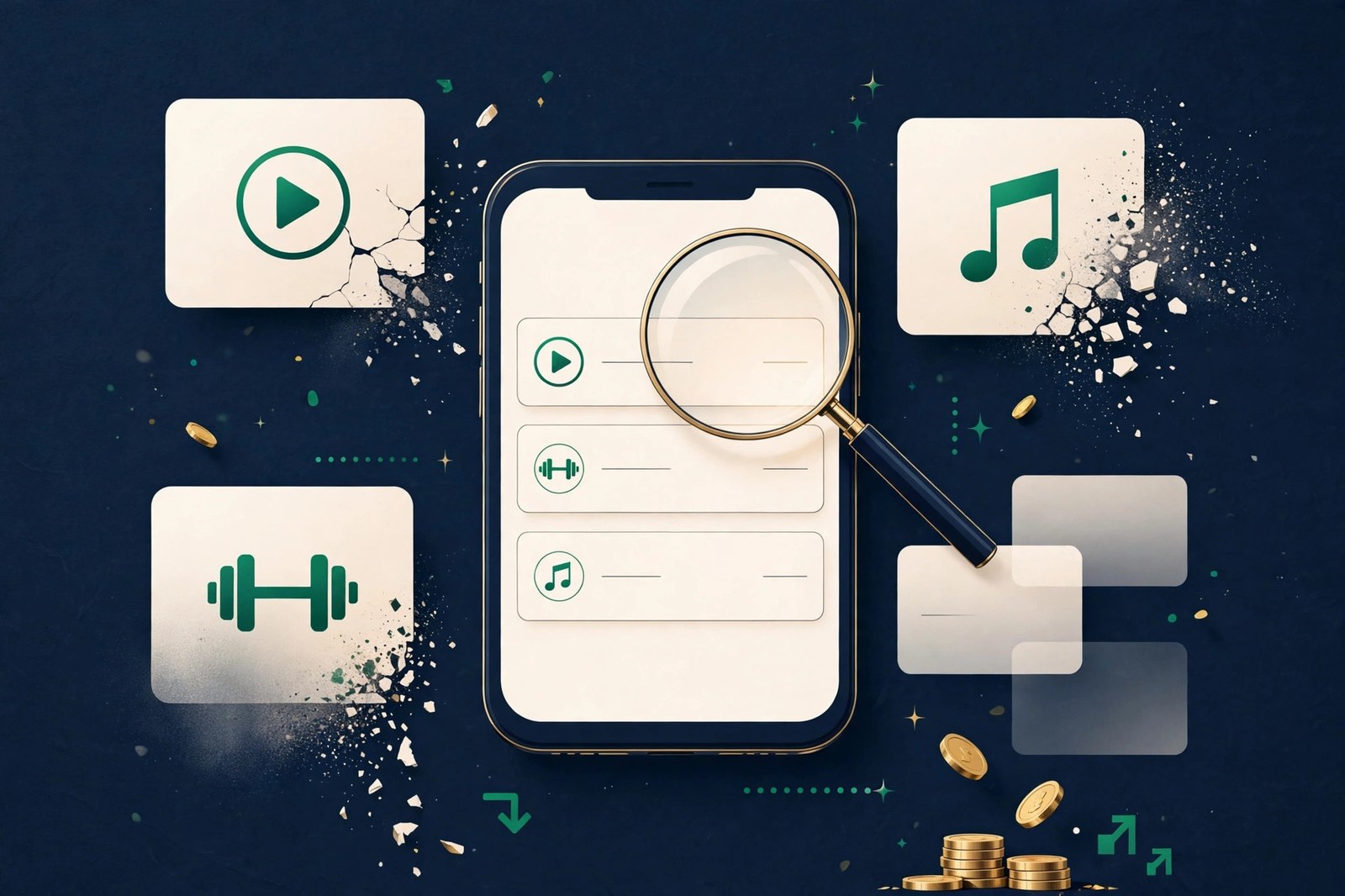 Phone showing a subscription list surrounded by fading subscription cards and a magnifying glass