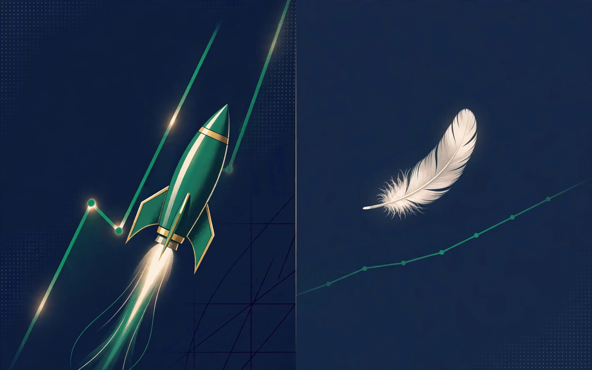 Editorial illustration of a rocket rising fast and a feather drifting slowly, representing banks raising loan rates quickly while savings rates lag
