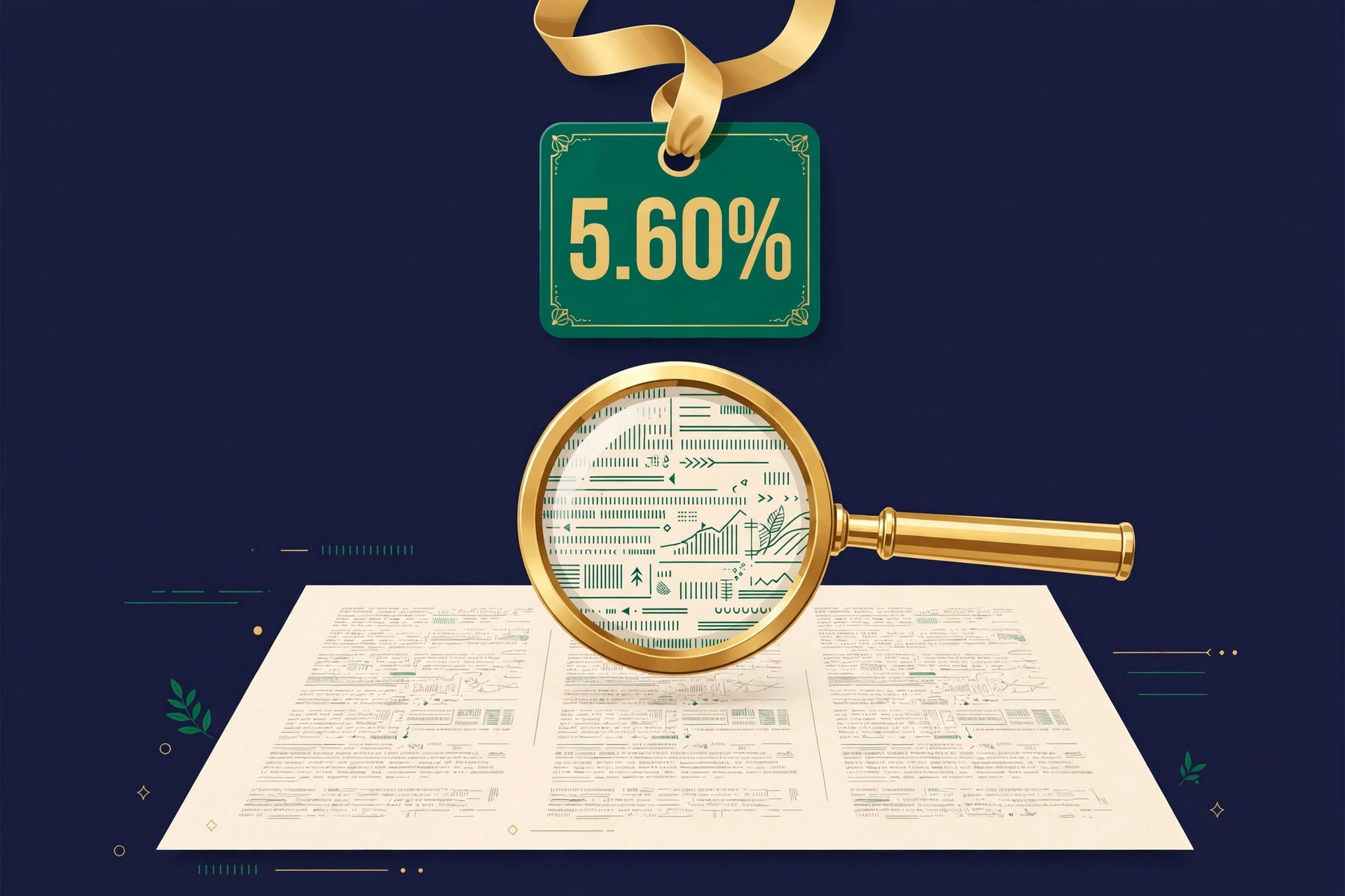 Illustration of a 5.60% rate tag, fine print and a magnifying glass on a navy background