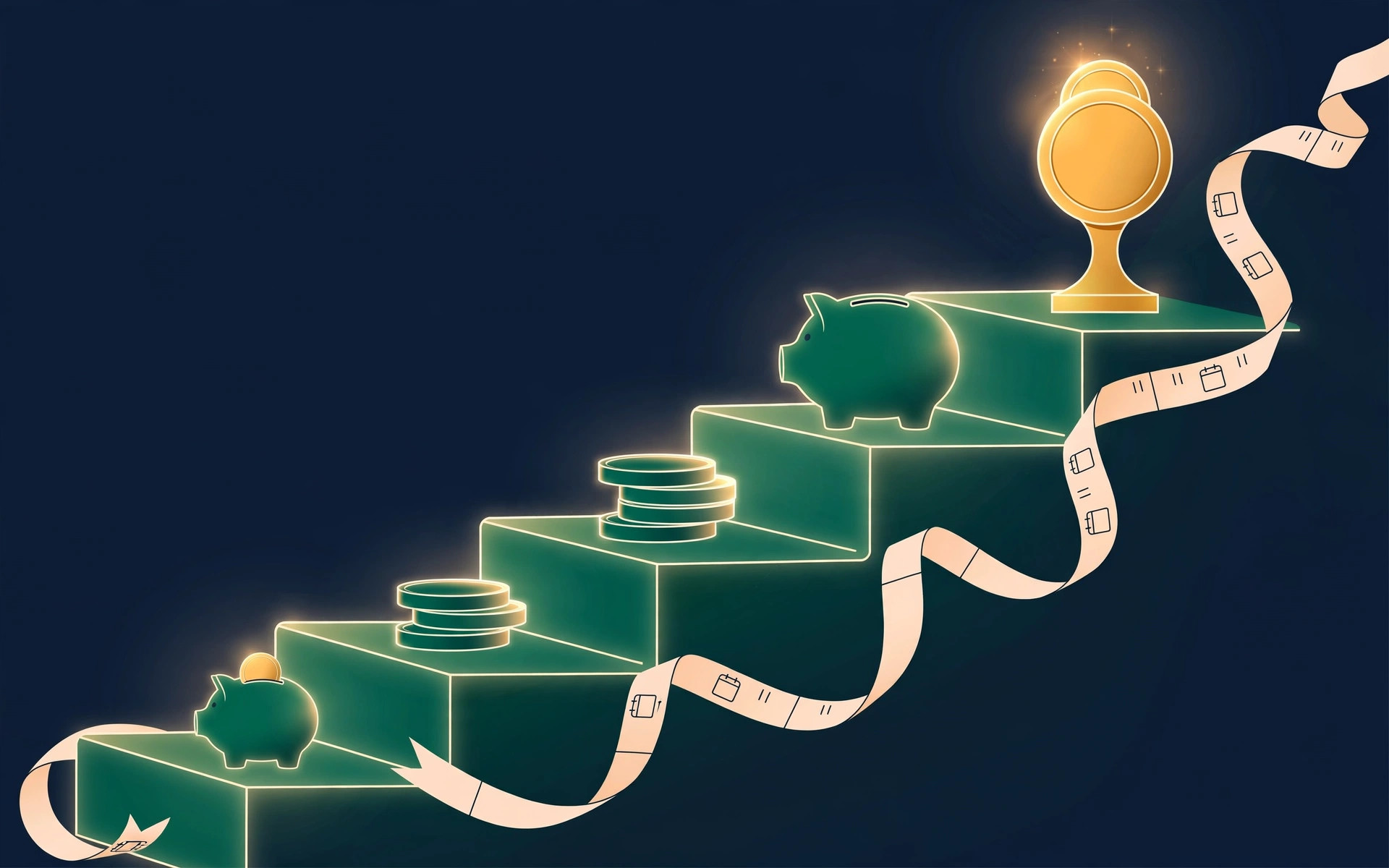 Staircase of glowing steps rising with piggy banks and coins toward a golden coin at the top