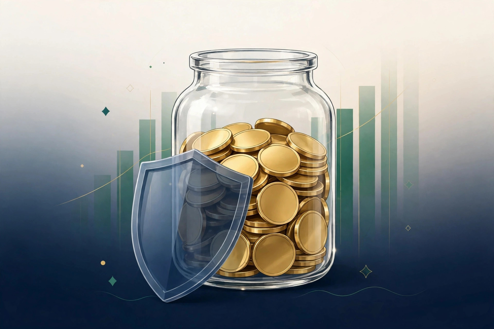 Glass savings jar of gold coins with a shield and rising bars, navy and emerald editorial illustration