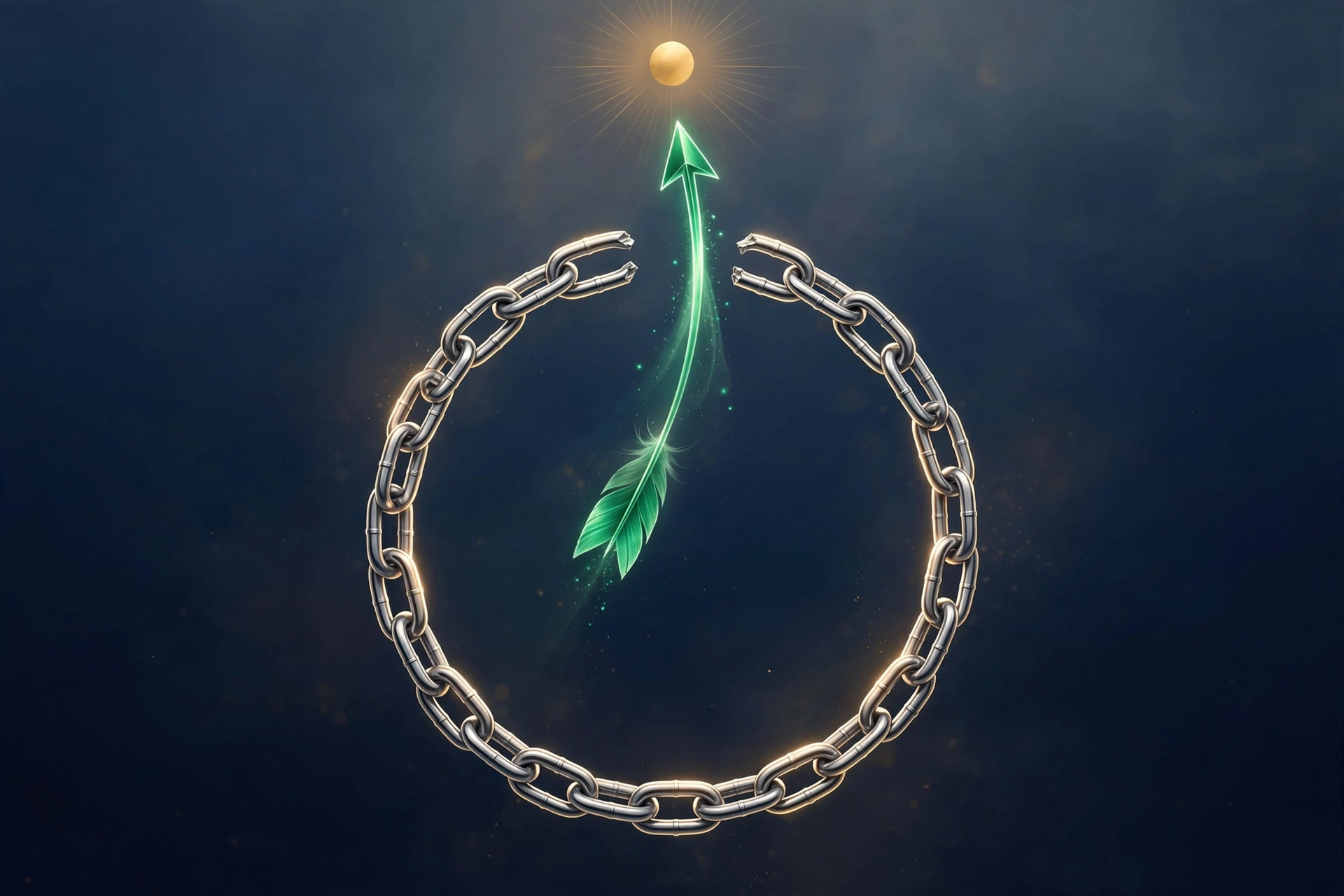 Illustration of a broken steel chain loop with an emerald arrow breaking free toward a golden sun on deep navy