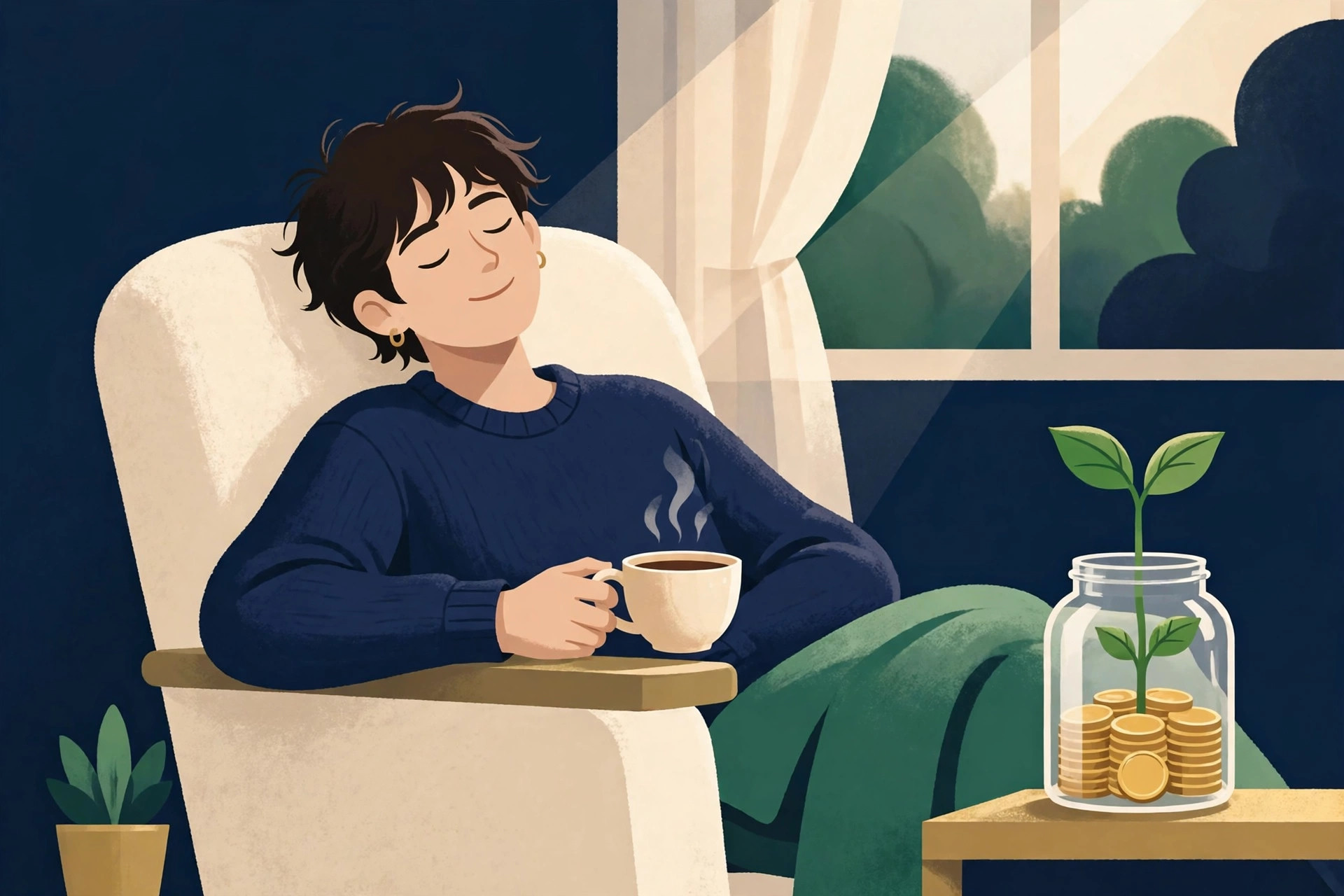 Person relaxing with coffee beside a jar of coins growing a green sprout