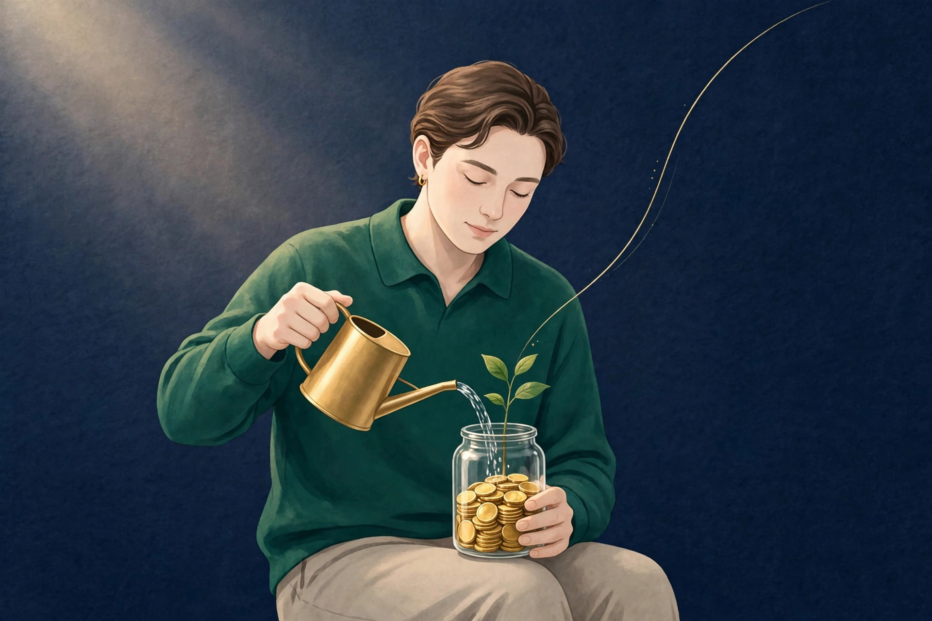 Calm illustration of a plant growing from a jar of gold coins, symbolising gentle steady saving