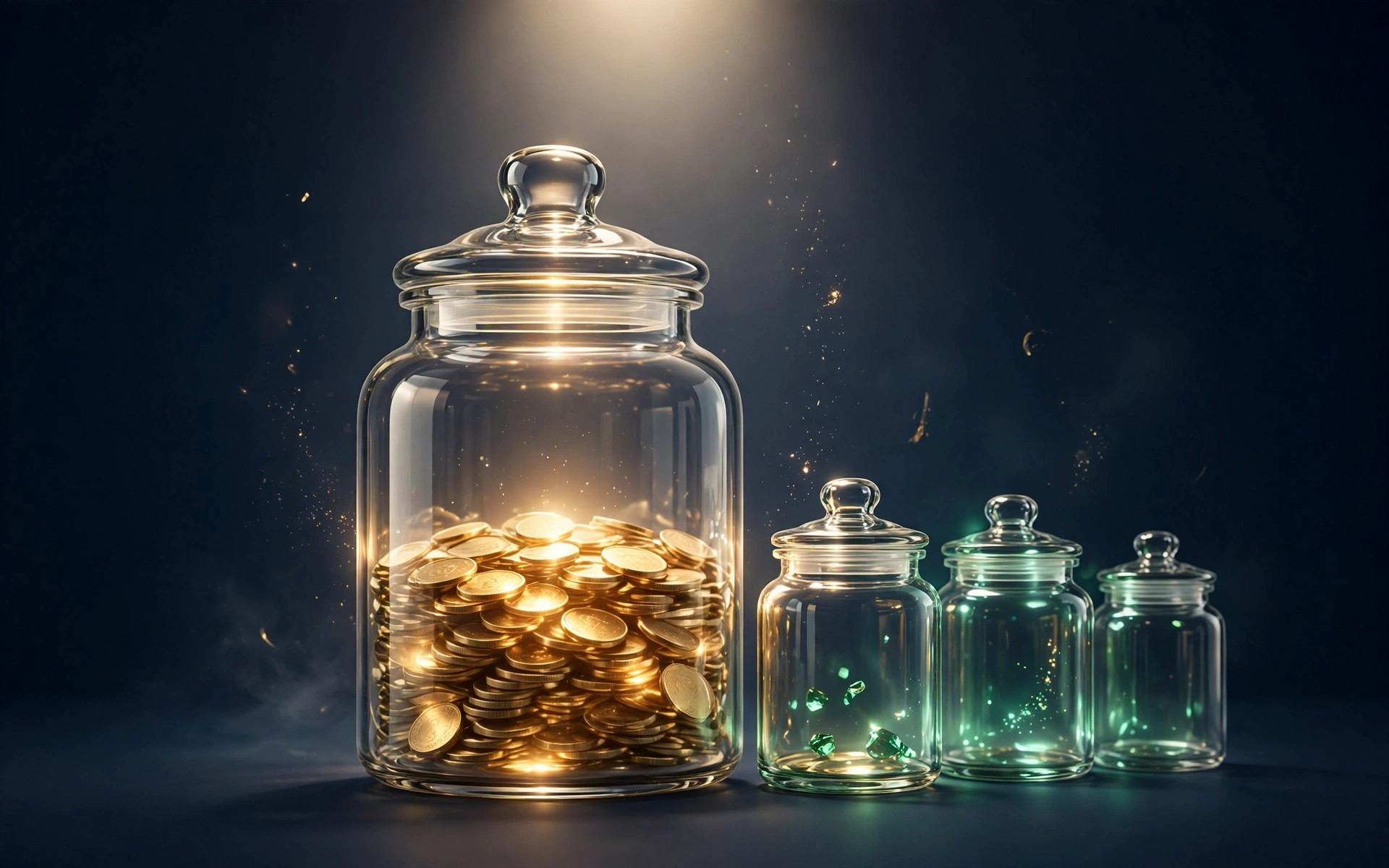 Glass savings jars filled with gold coins on a deep navy background