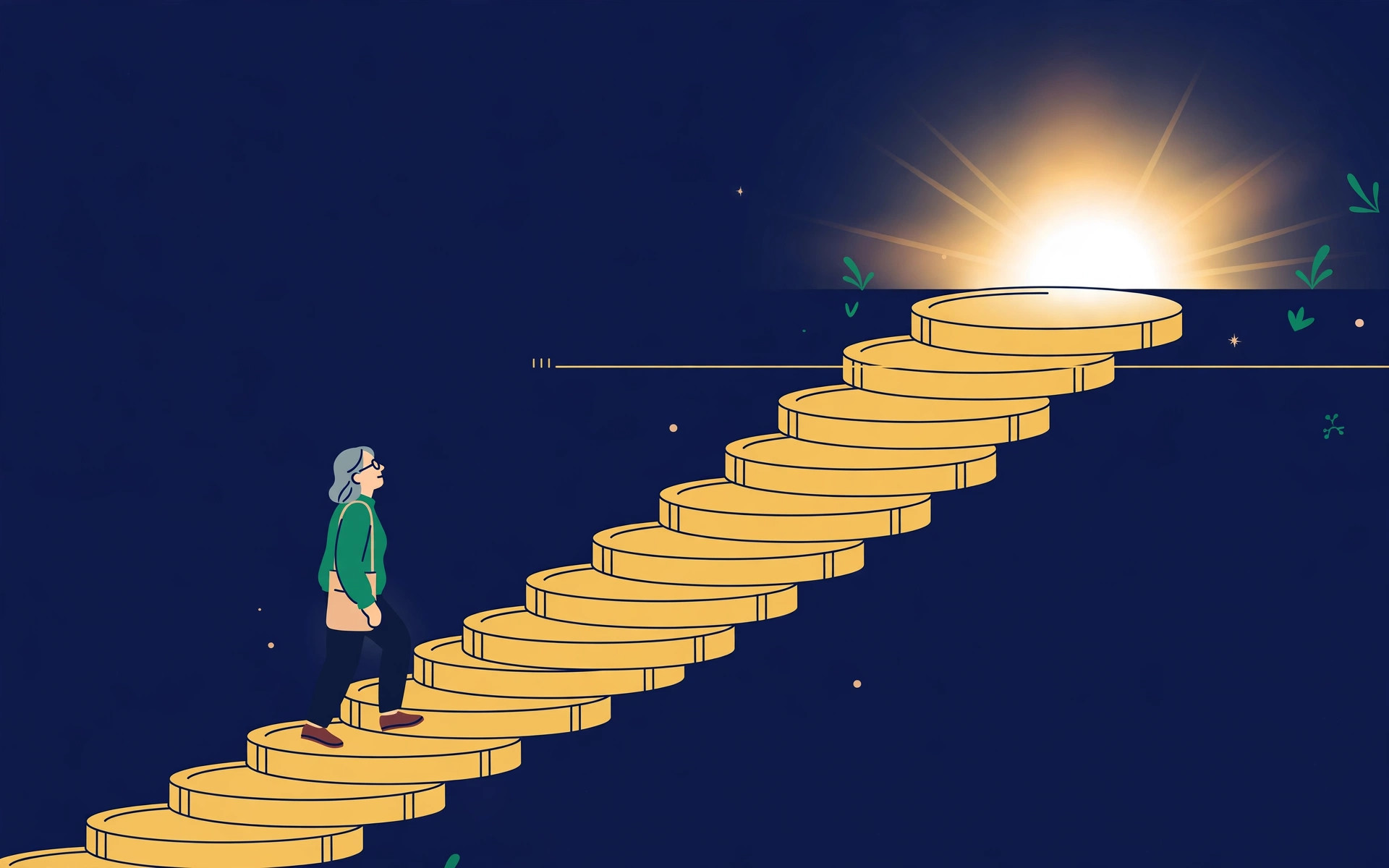 Older person climbing coin steps toward a glowing horizon with a gold tax threshold line near the top