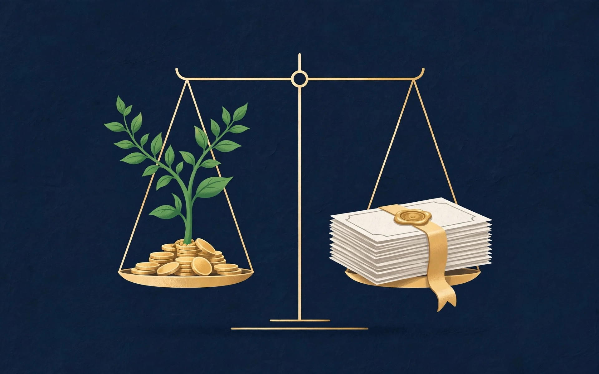 Balanced scale with a growth sprout and coins on one side and sealed bond certificates on the other