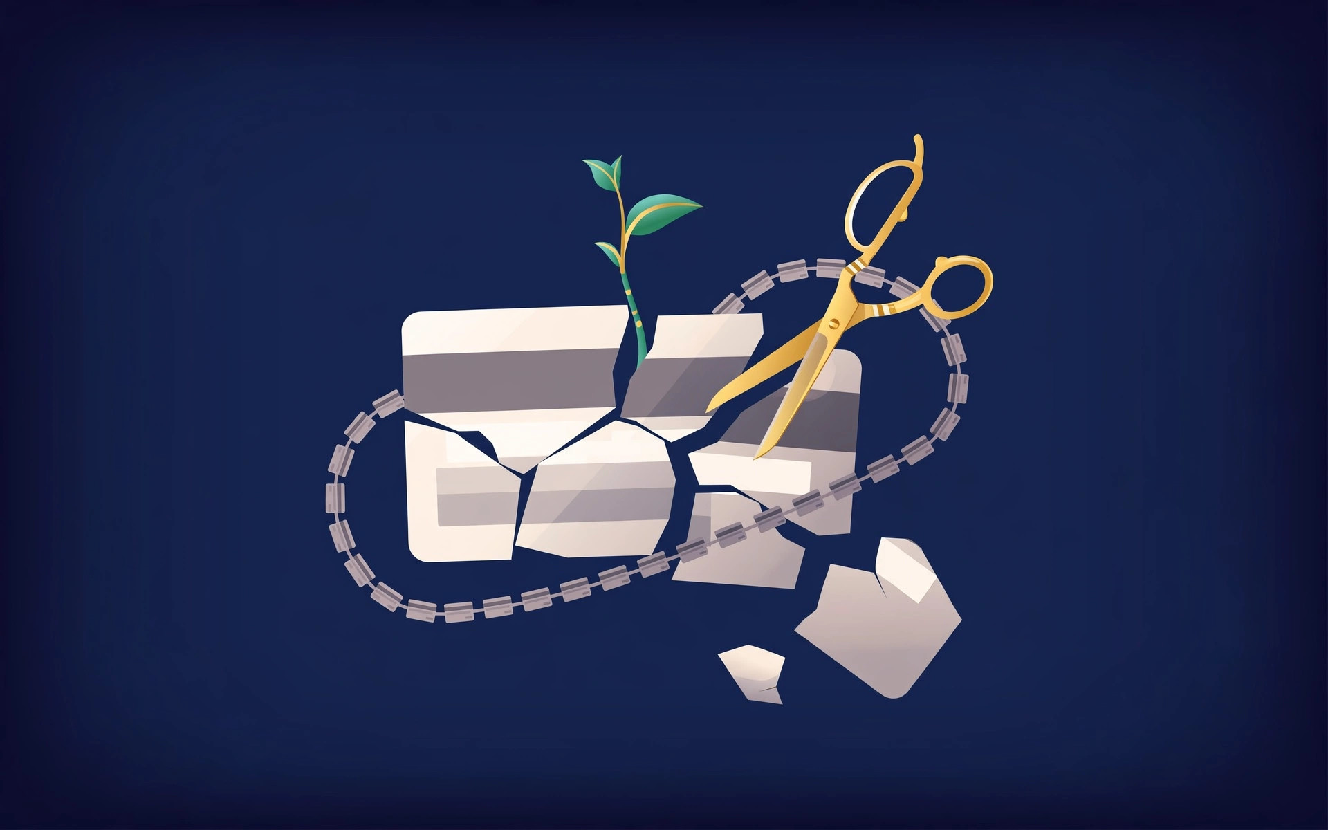 Editorial illustration of golden scissors cutting a chain of credit cards, with a green sprout rising from a broken card