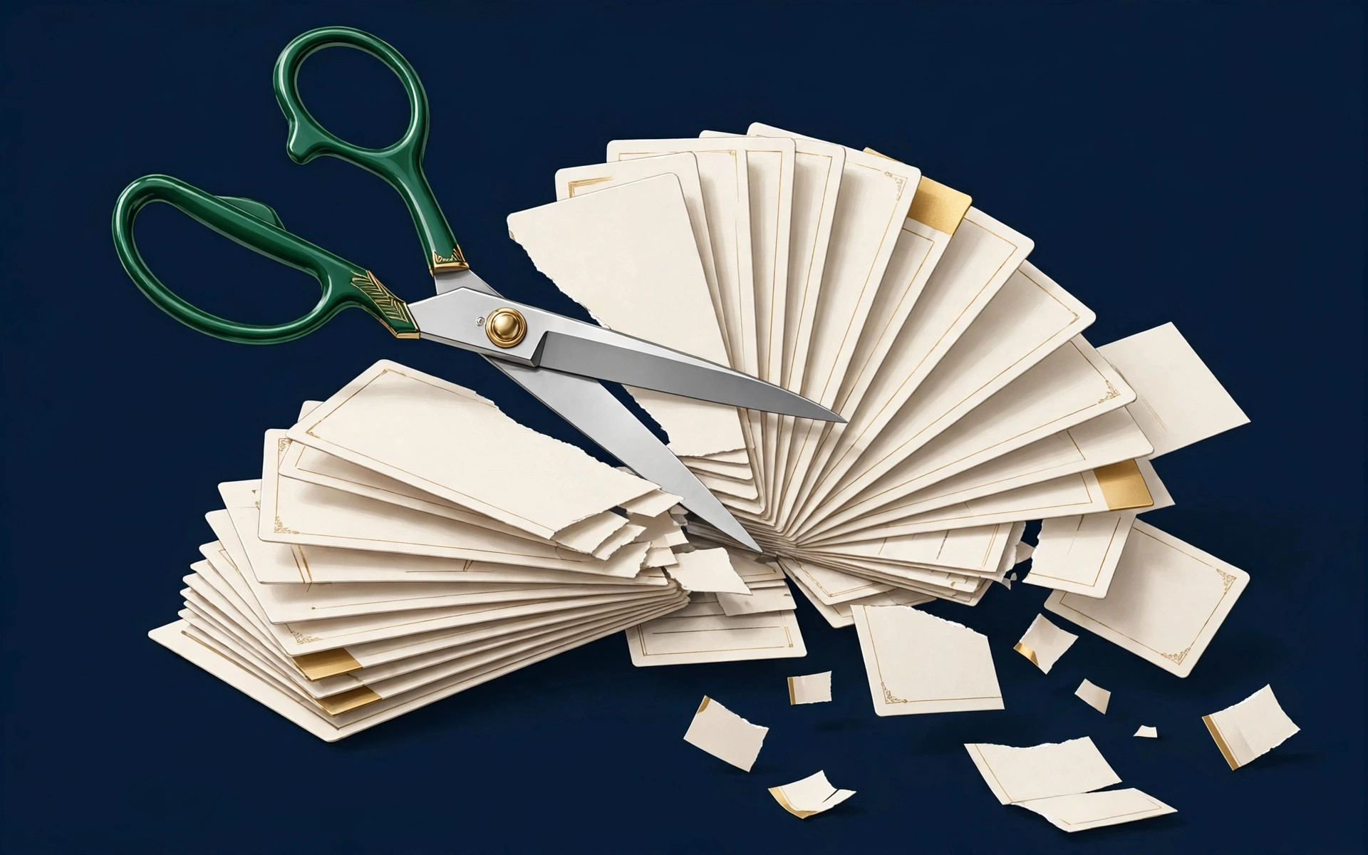 Emerald scissors cutting a fan of subscription billing cards on deep navy