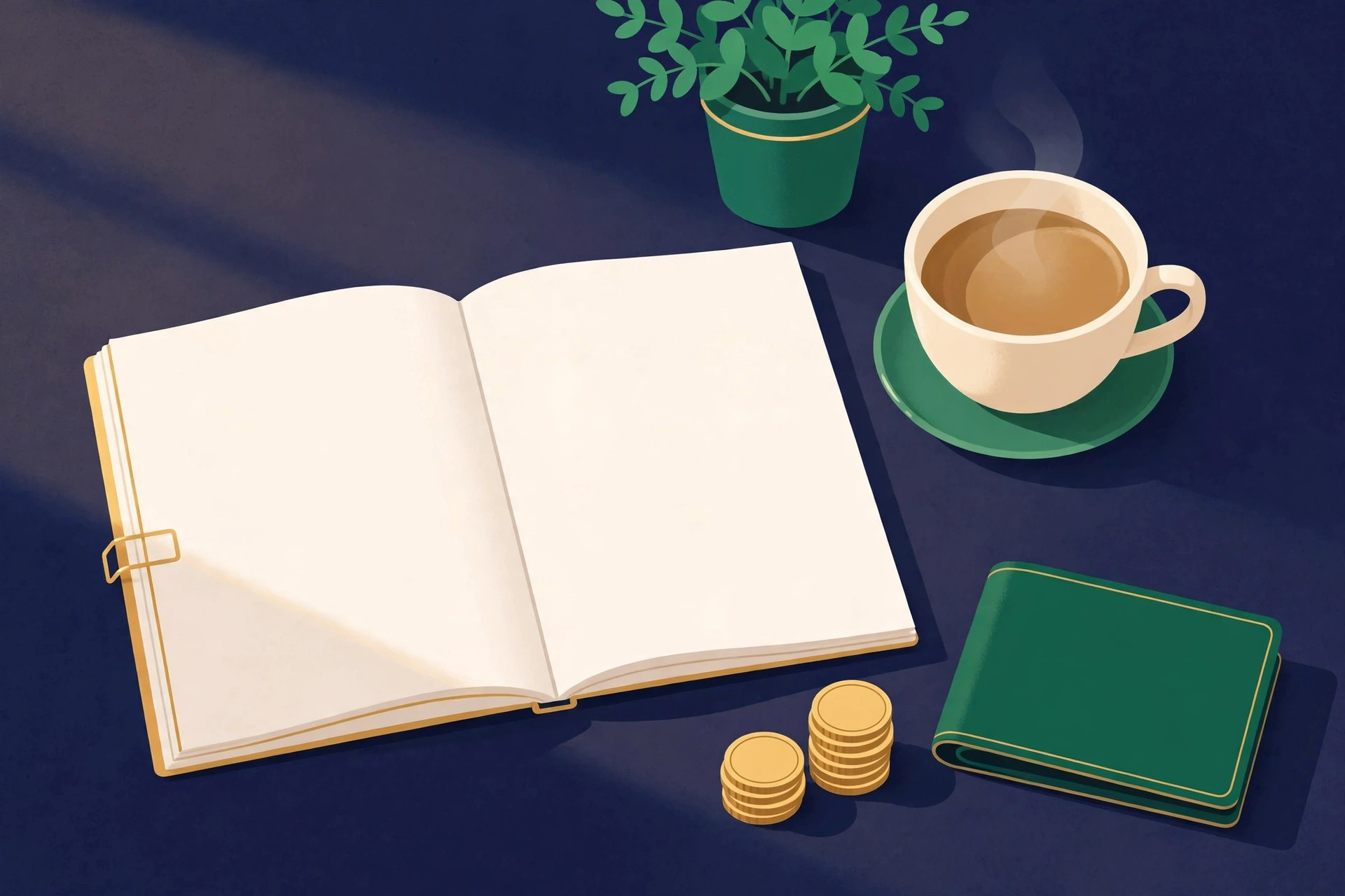 Sunday desk scene with weekly planner, coffee, plant and coins