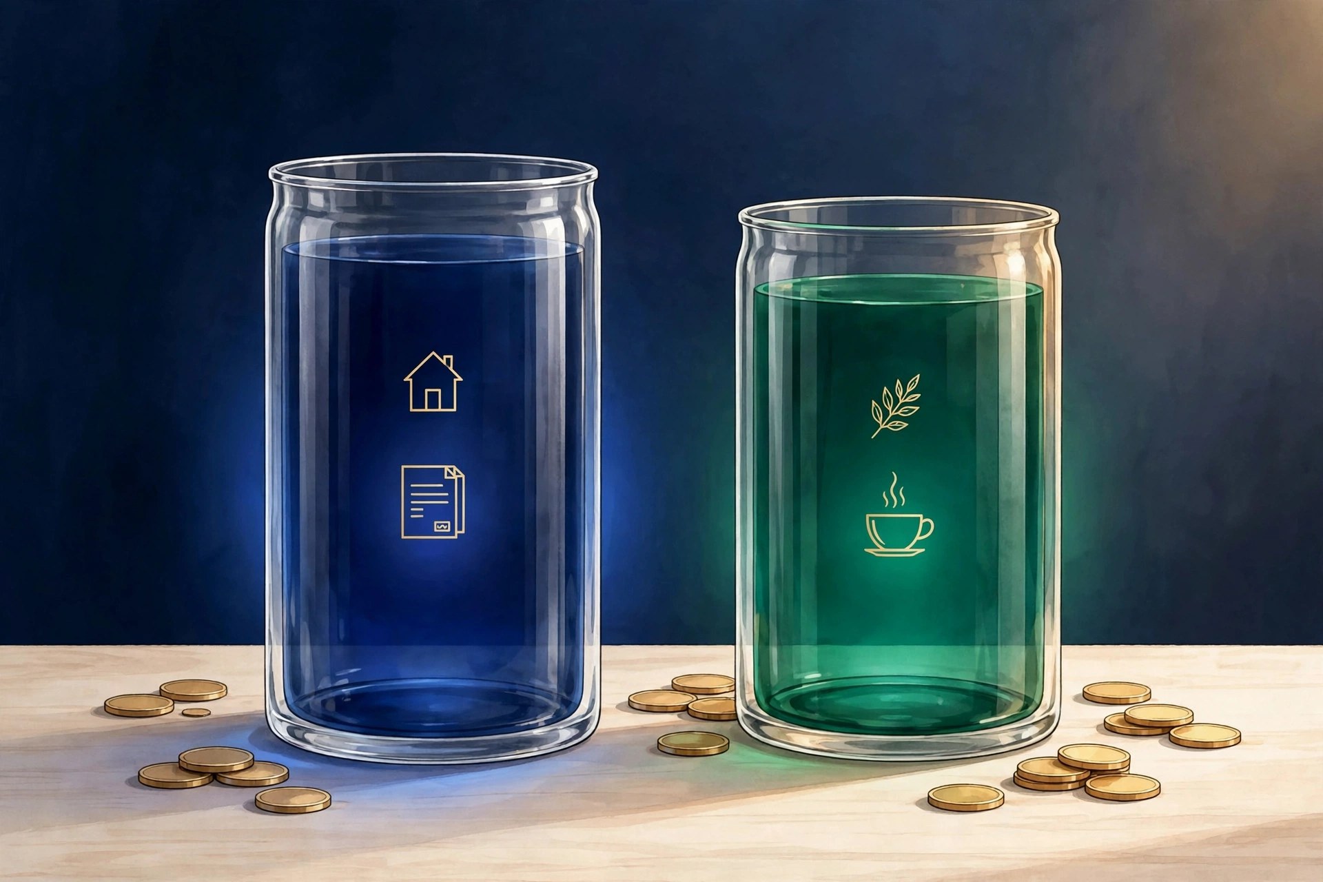 Two glass jars for bills and spending with gold coins, illustrating the two-account budget method