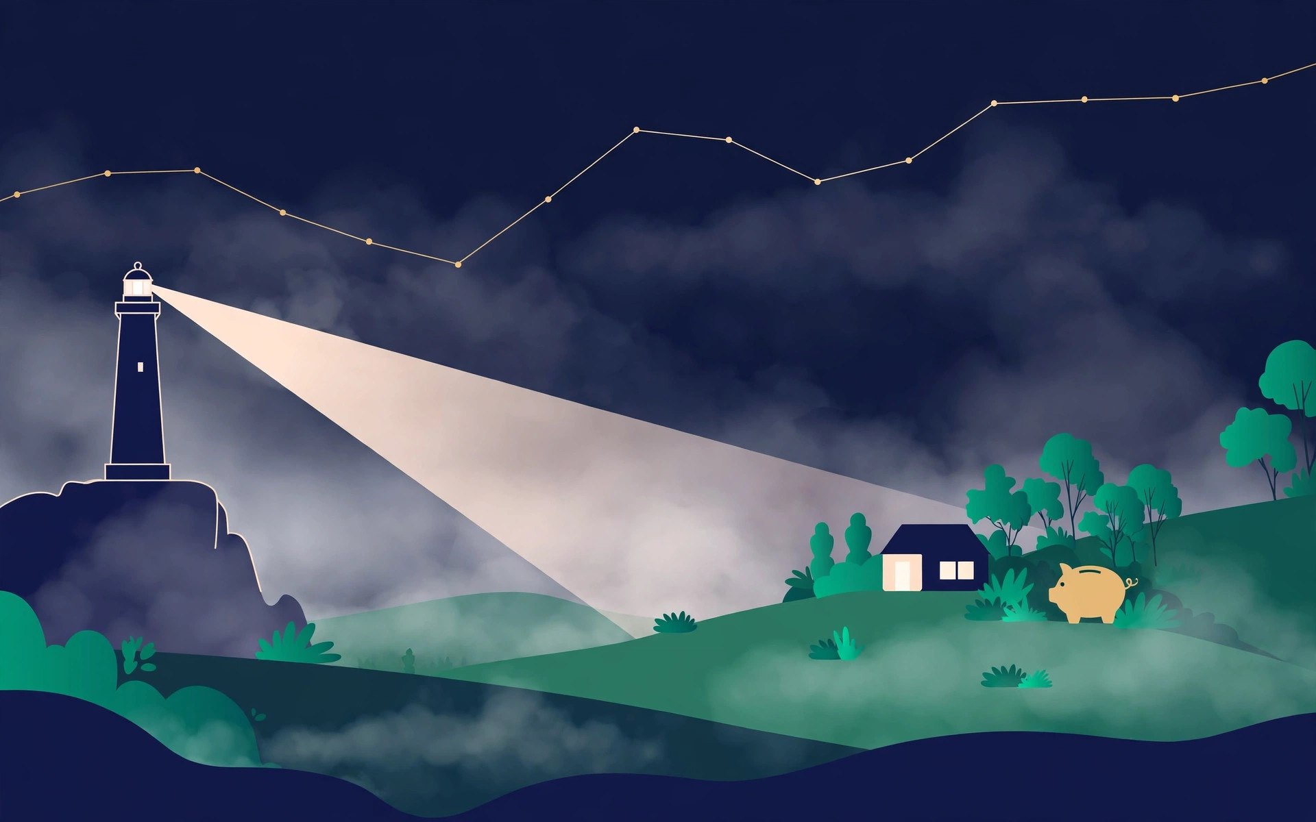 Lighthouse beam over a sheltered house and piggy bank under a golden yield curve in a dark navy sky