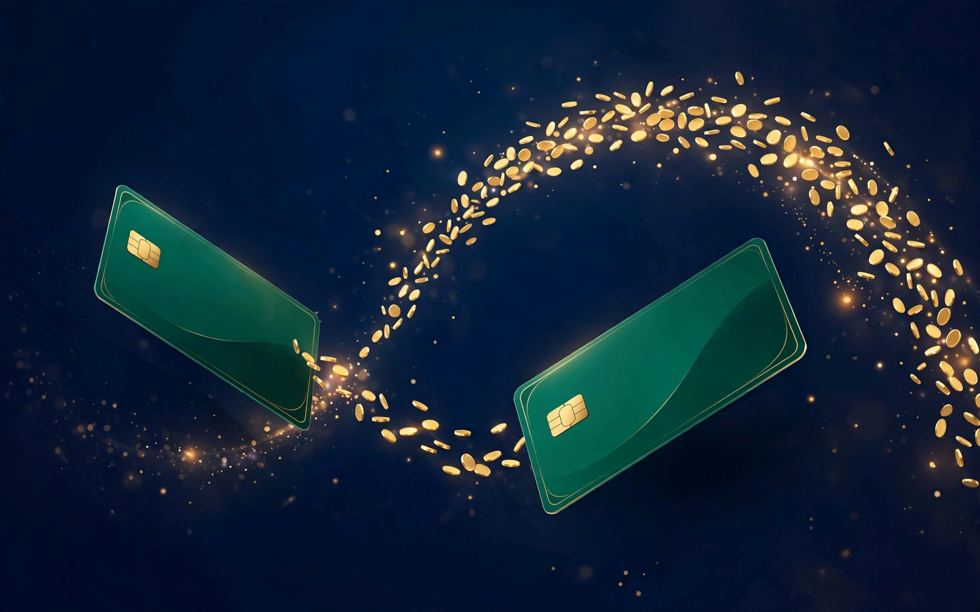 Two emerald bank cards exchanging places with a trail of gold coins on a navy background