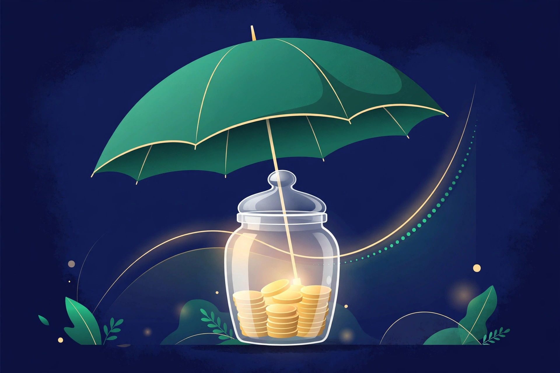 Umbrella sheltering a glowing jar of gold coins on deep navy — protecting savings from the Budget tax rise