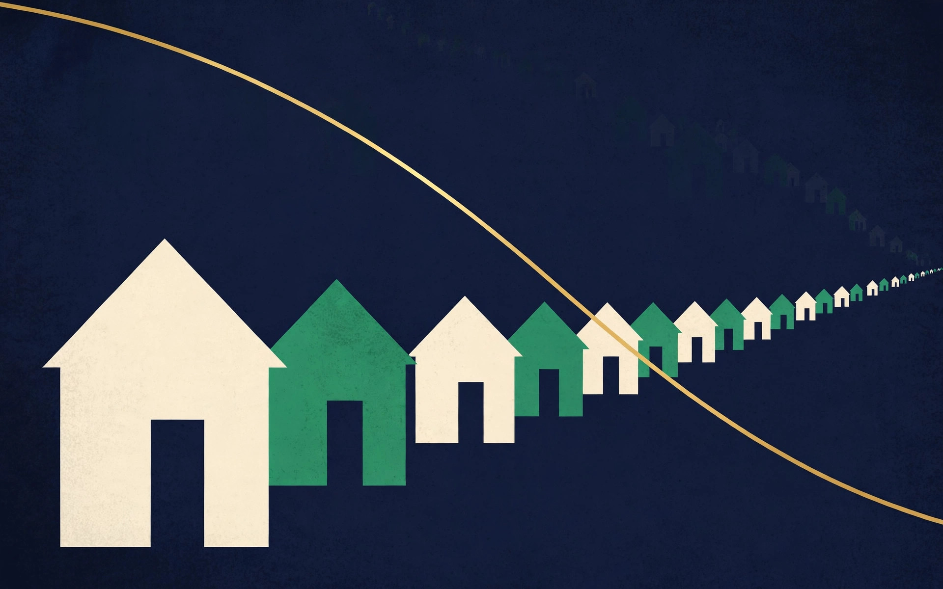 Editorial illustration of houses with a descending gold line showing UK mortgage approvals falling