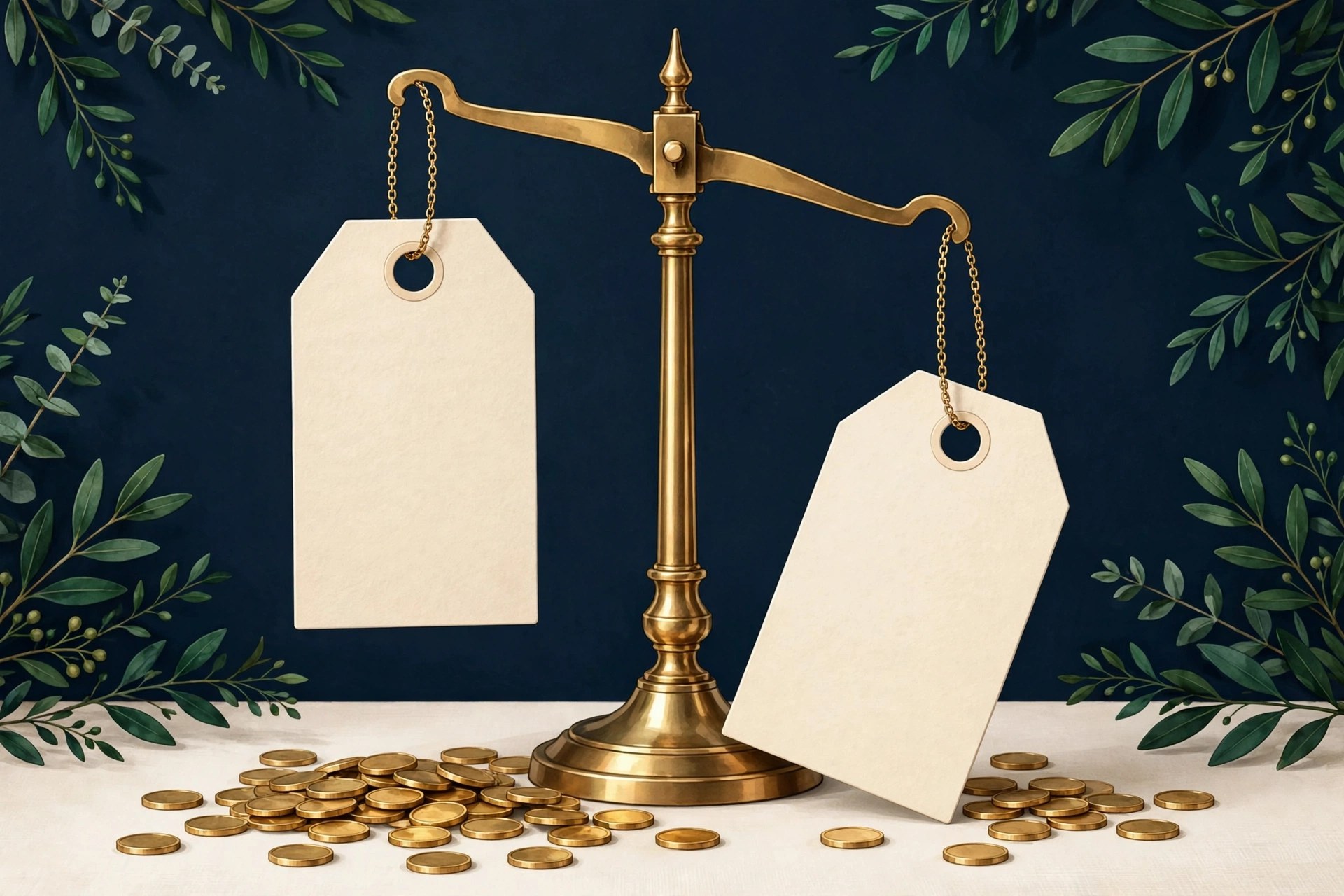 Brass balance scale weighing two price tags